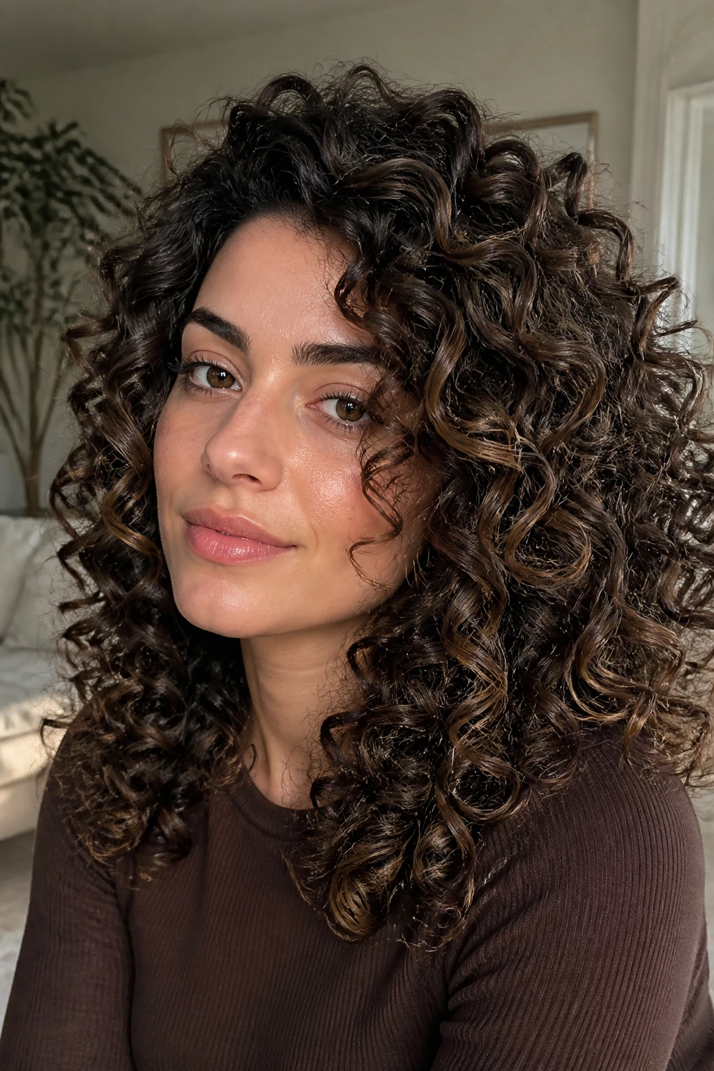 Close-up of curly hair with cocoa contour highlights on a real woman.