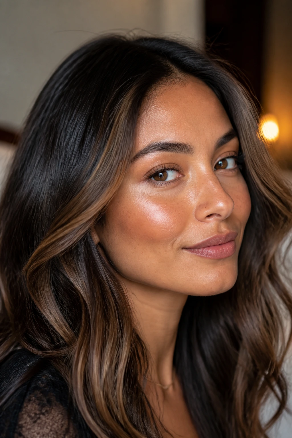 Close-up of hair contour highlights around cheekbones with cocoa tones.