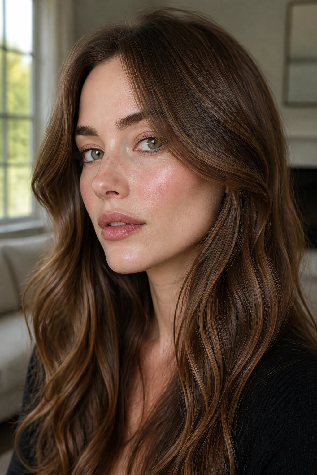 Portrait of a real woman with cocoa contour highlights at temples and jawline