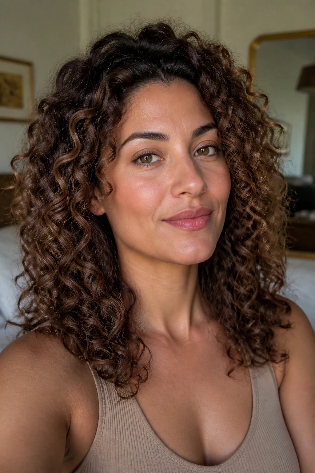 Portrait showing cocoa contour lowlights hugging temples and cheeks to sculpt cheekbones