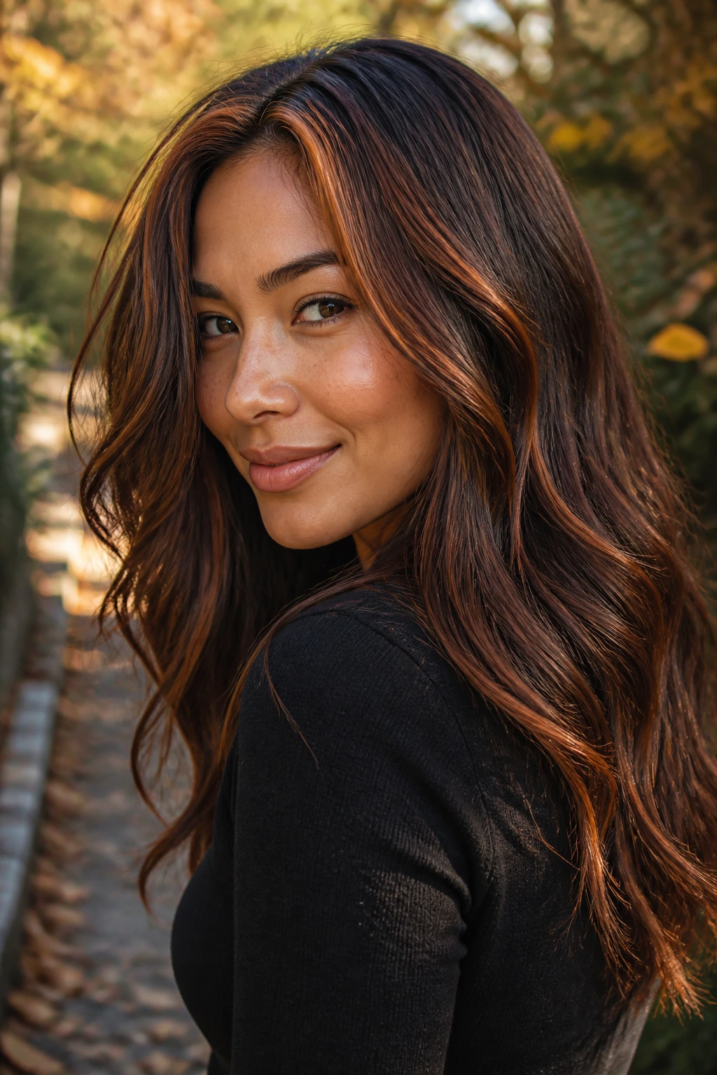 Portrait of a woman with cocoa brown hair and copper-tinted highlights on a sunny autumn path