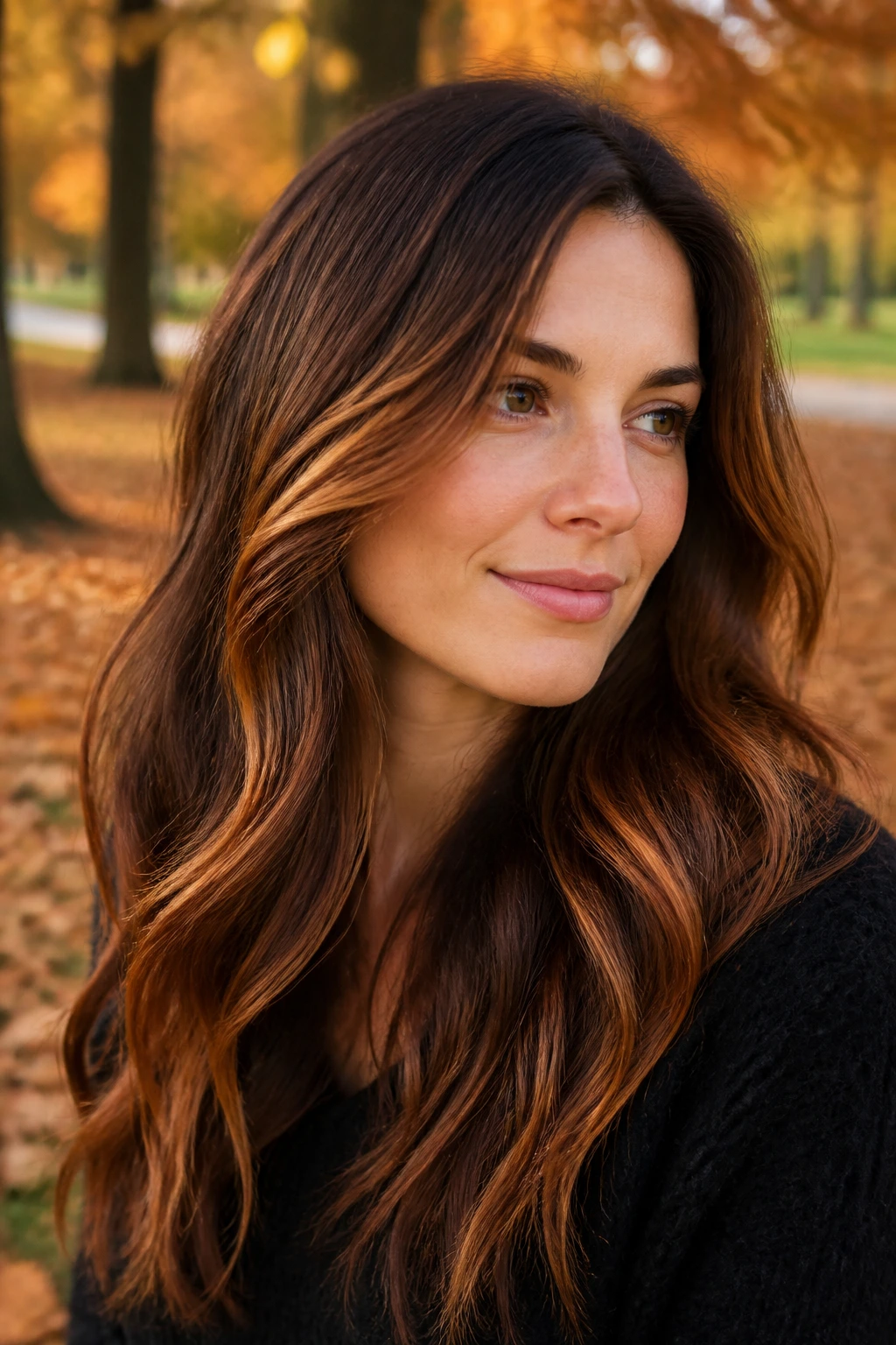 Close-up of a real woman with cocoa and copper ribboning through long cocoa-brown hair.