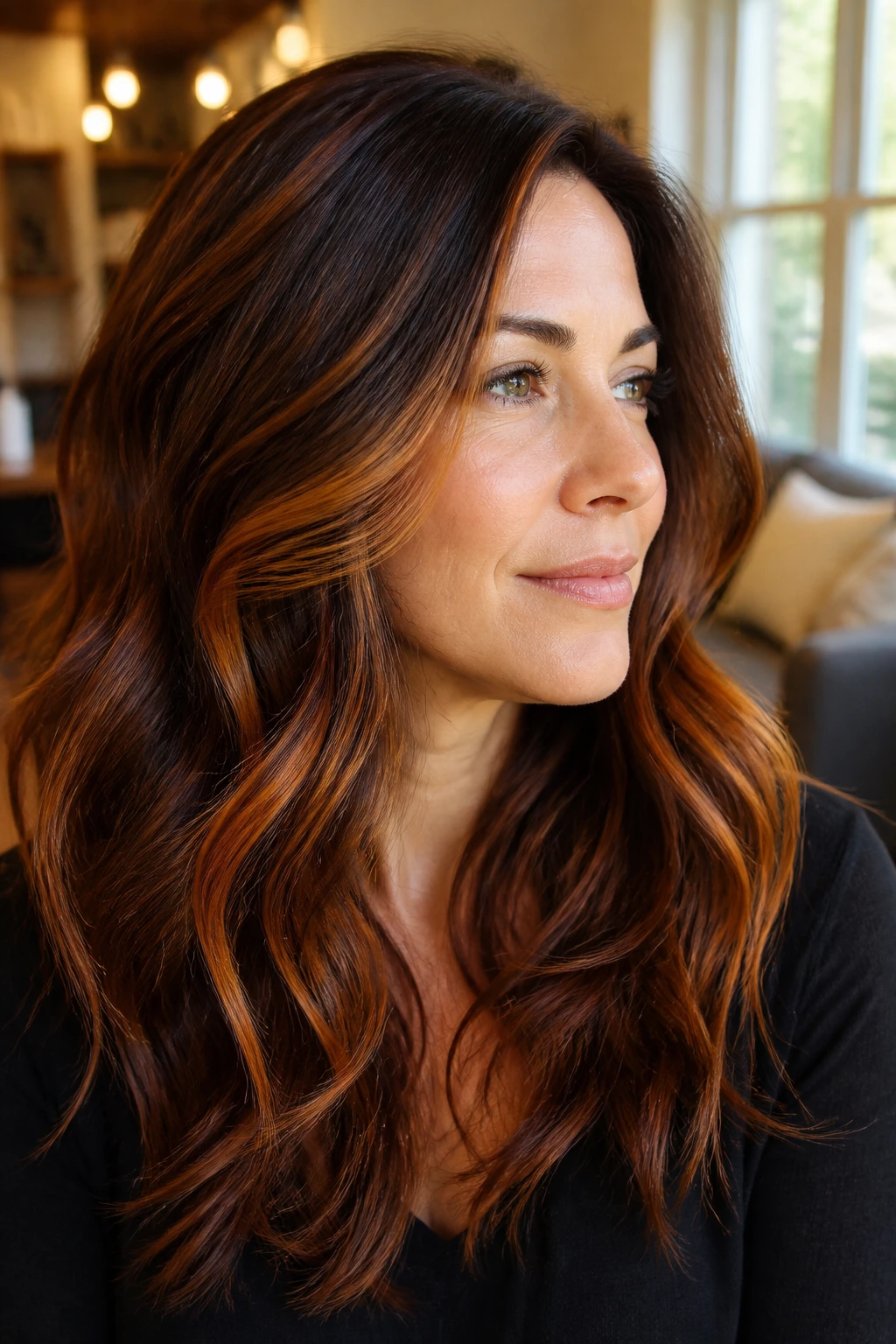 Close up portrait of a real woman showing cocoa and copper swirl in hair near cheekbone