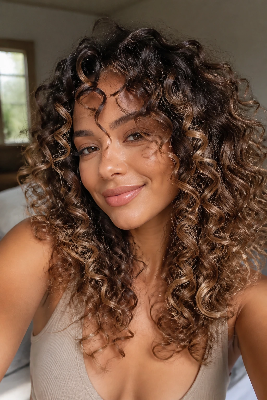 Close-up of a real person with Cocoa Cream Balayage on curly hair, cocoa base and cream ends