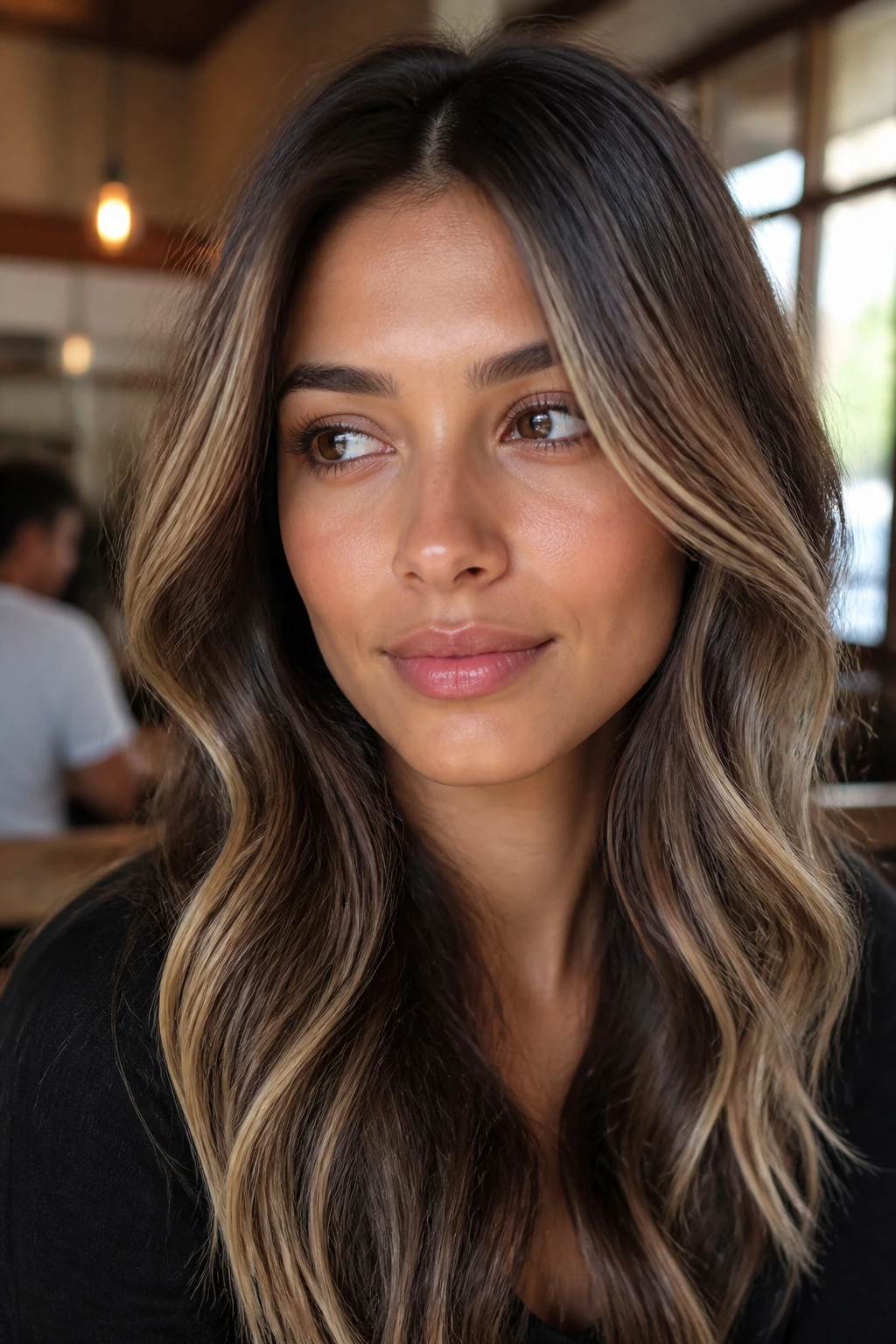 Close-up portrait of olive-skin woman with cocoa and cream balayage
