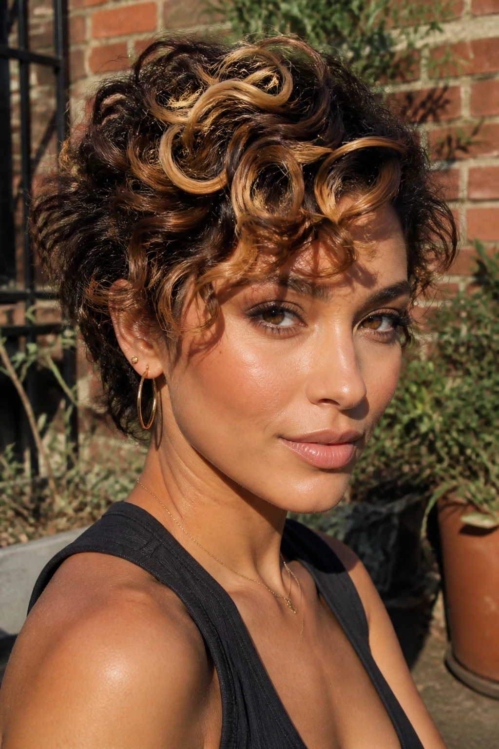Close-up of a real woman's short curls with cocoa and cream streaks