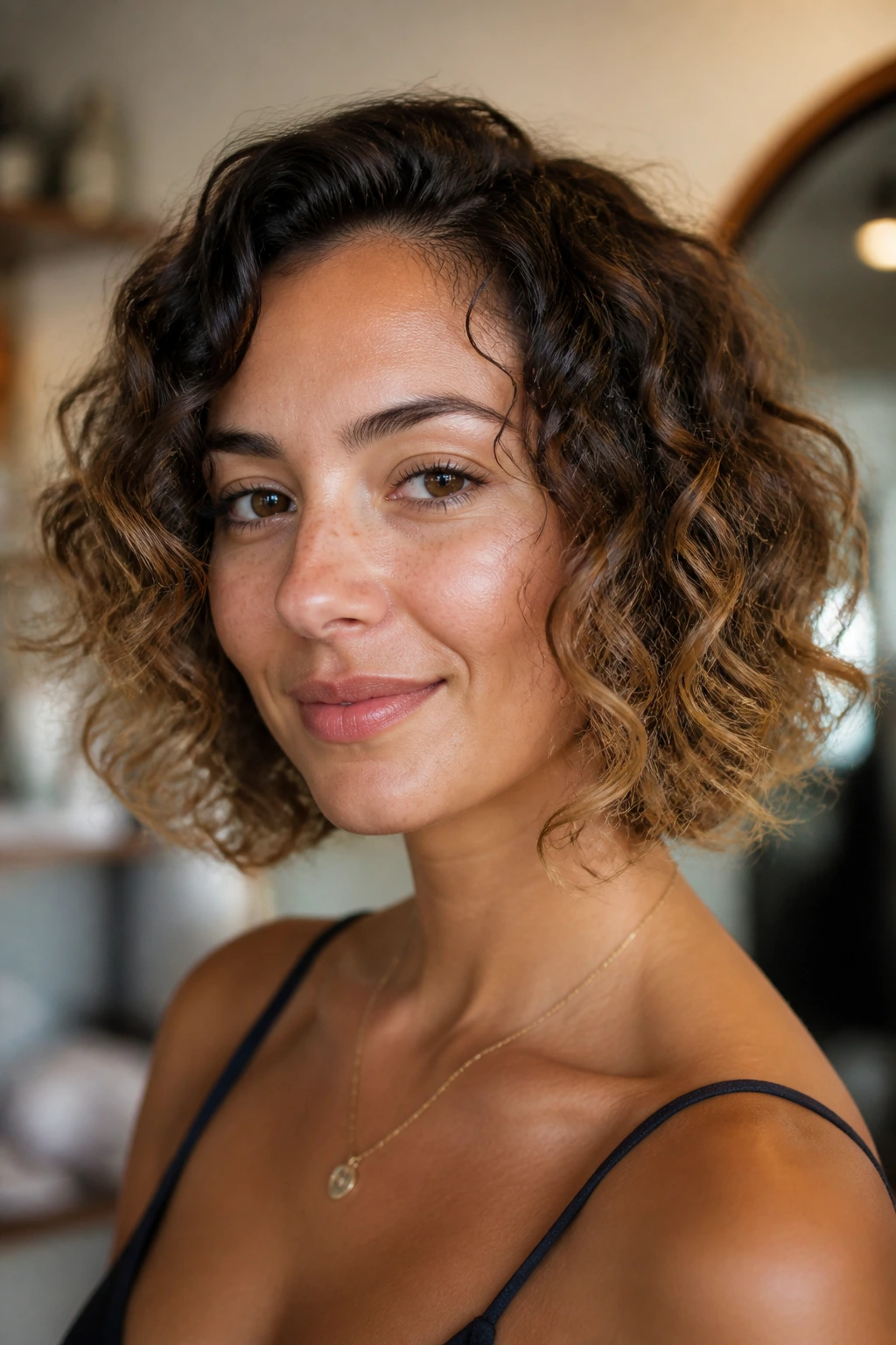 Close-up of cocoa curl bob with sand-colored ends on a real person.