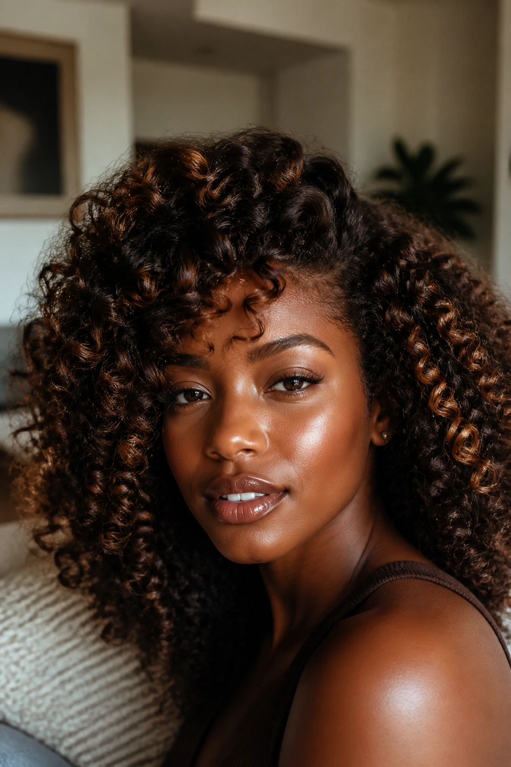 Close-up portrait of a real woman with cocoa curls and bronze light highlights.