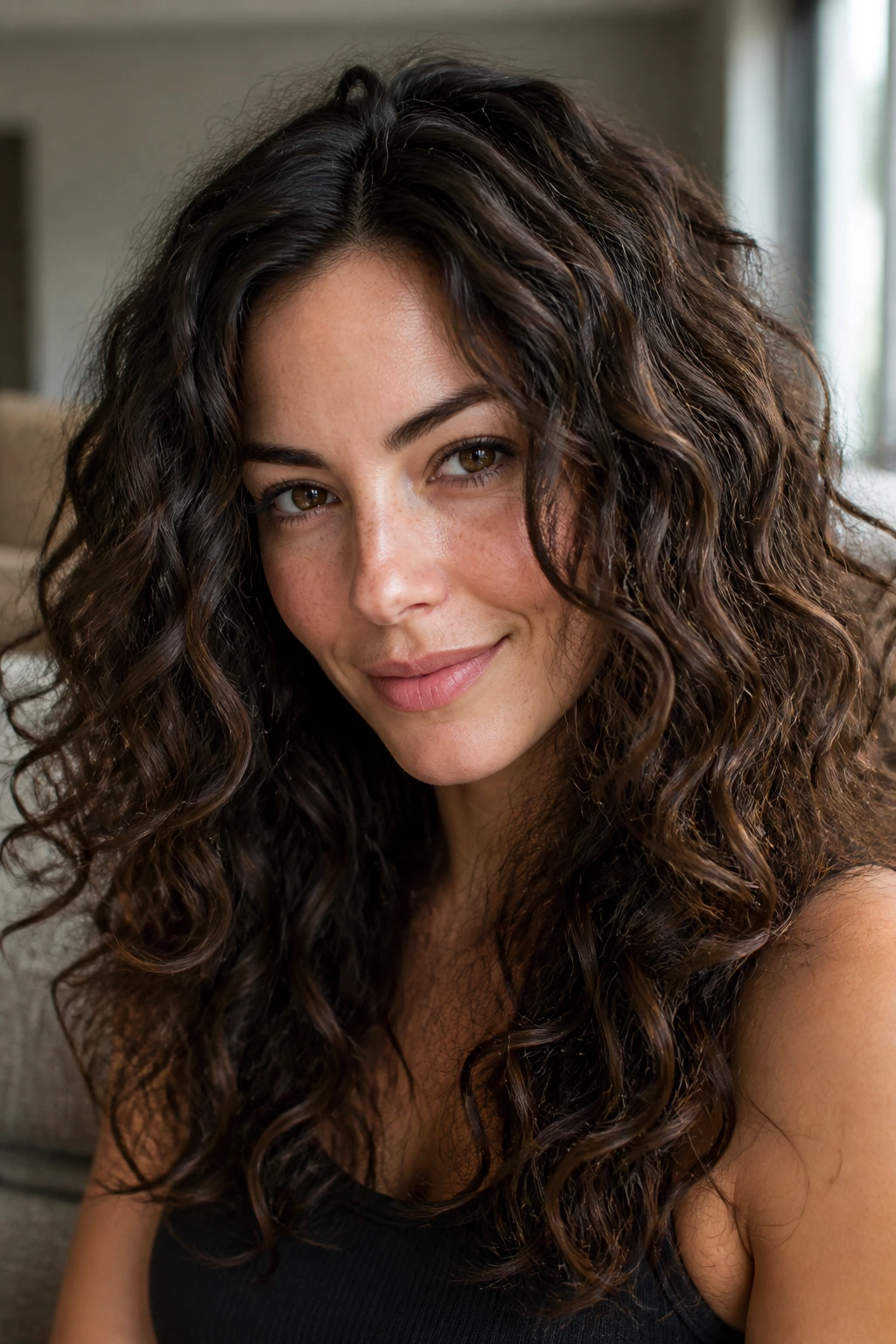 Close-up portrait of a real woman with smoke-kissed cocoa curls and cool lowlights