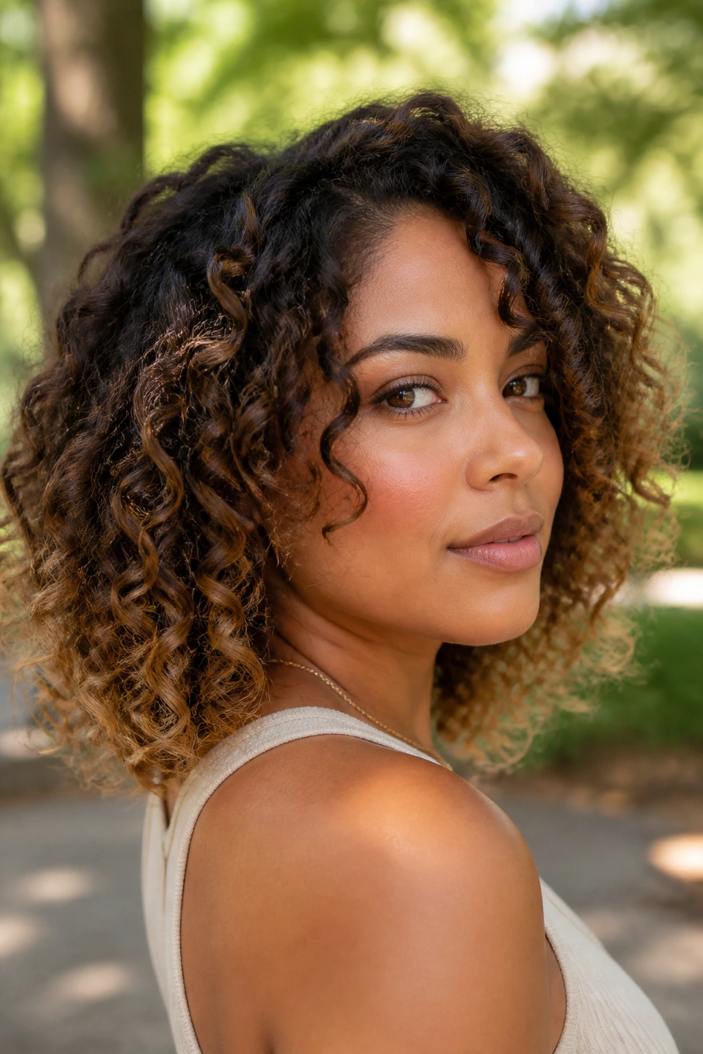 Close-up of a real woman with cocoa curls and streaked ends for natural curl definition.