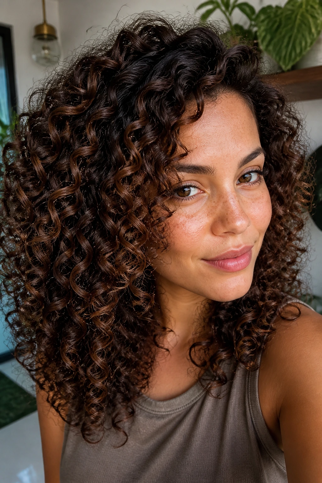 Close-up of curls with walnut depth in cocoa tones.