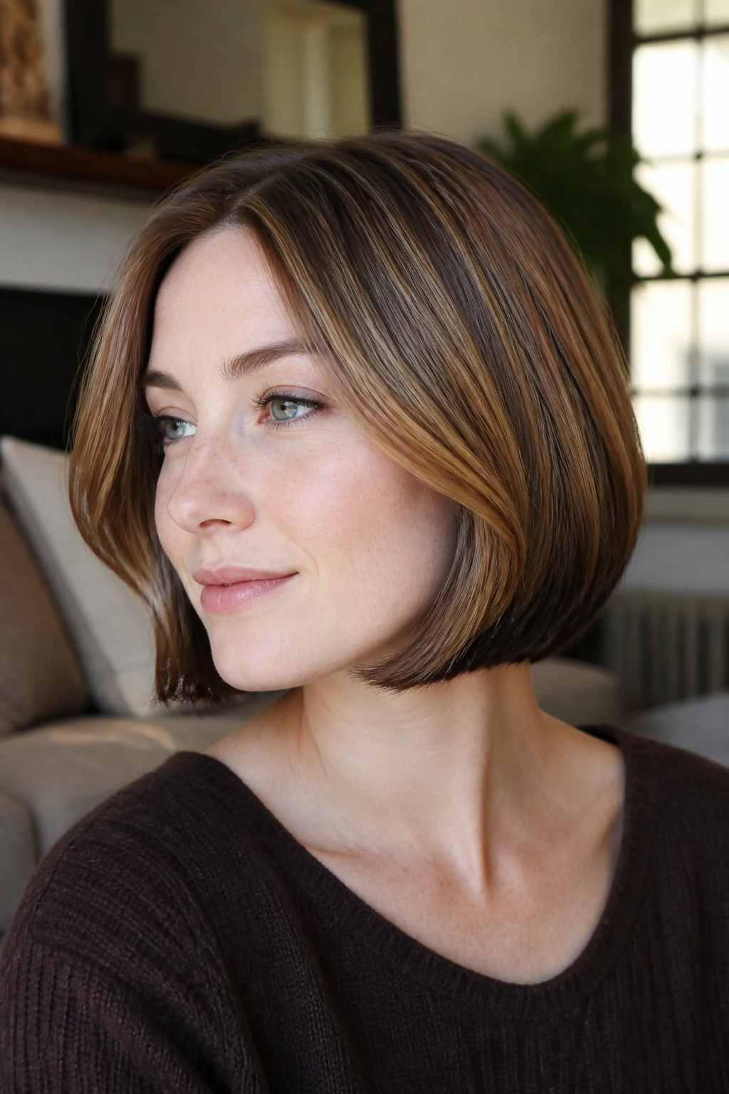 Close-up of a real woman with cocoa-dipped bob and caramel highlights, warm window light