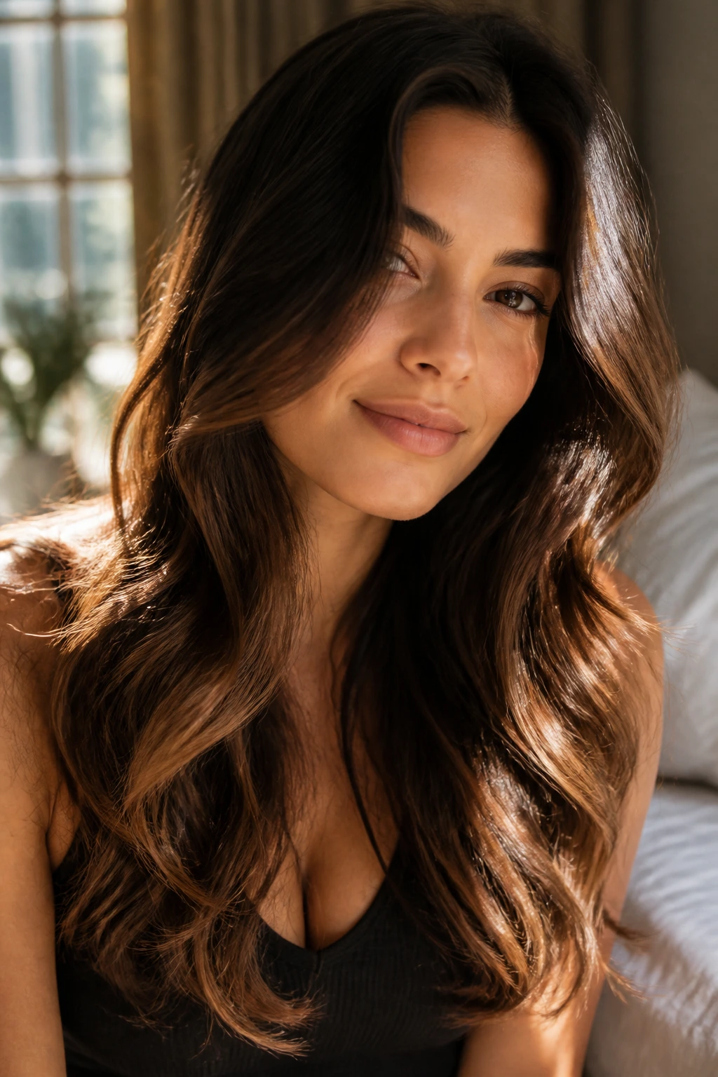 Close-up of long layered hair with sunlit cocoa ends on a real person