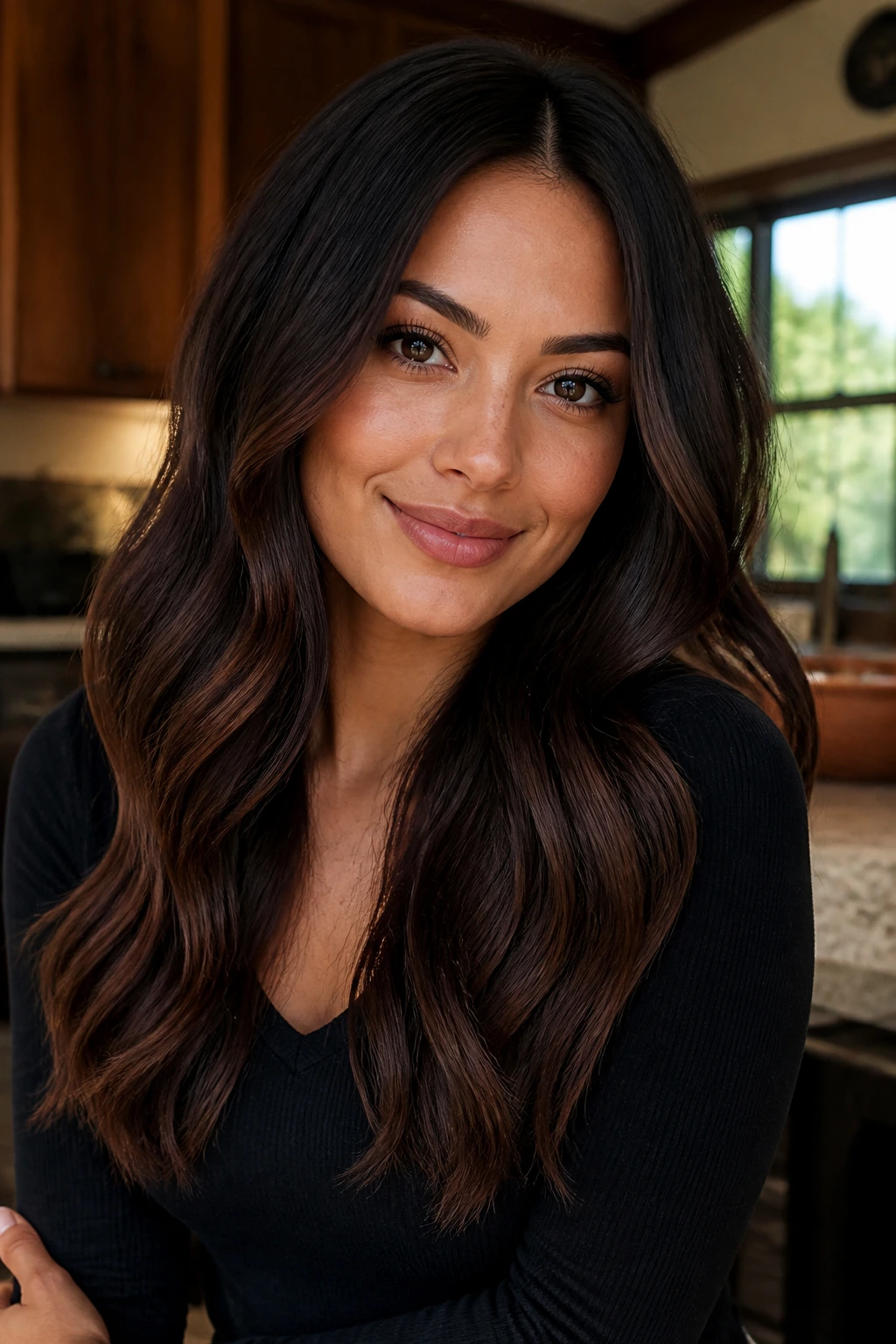 Close-up portrait of a real woman with cocoa espresso melt hair gradient