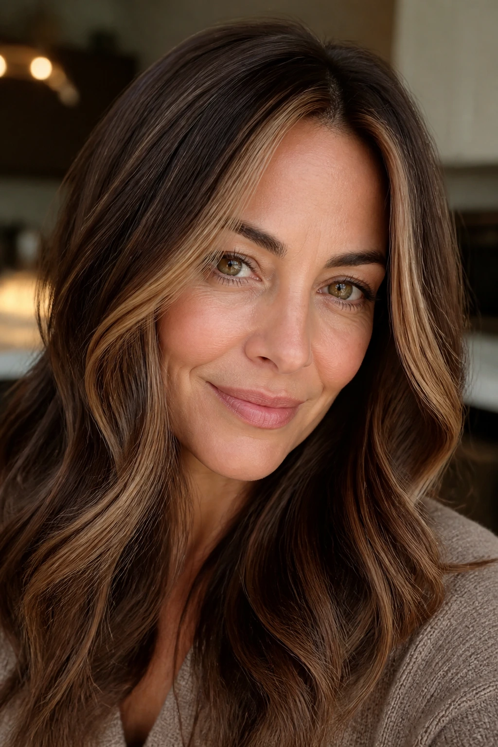 Close-up of a real woman with cocoa face-framing pieces around the face