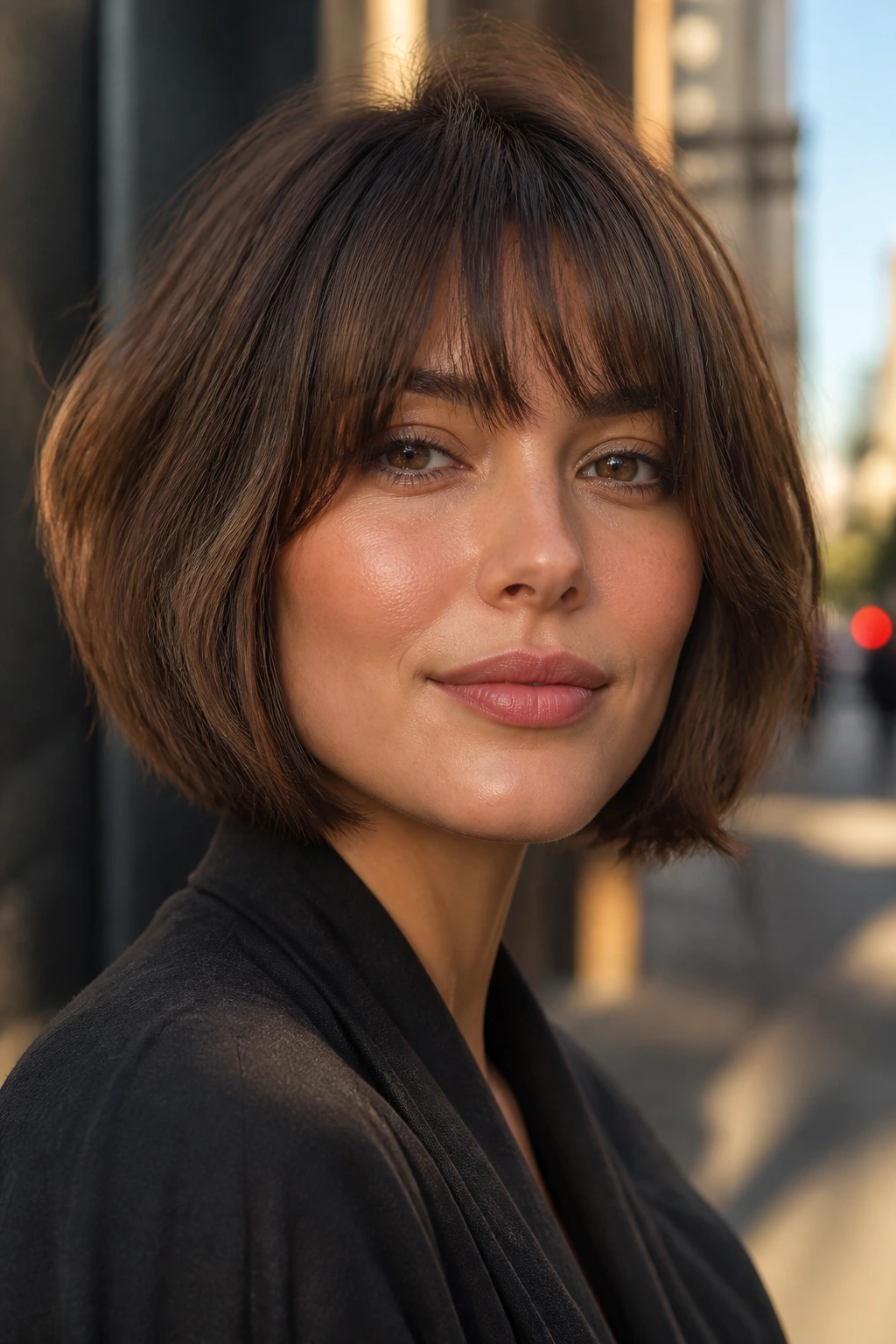 Close-up portrait of a real woman with a cocoa bob and brow-skimming fringe