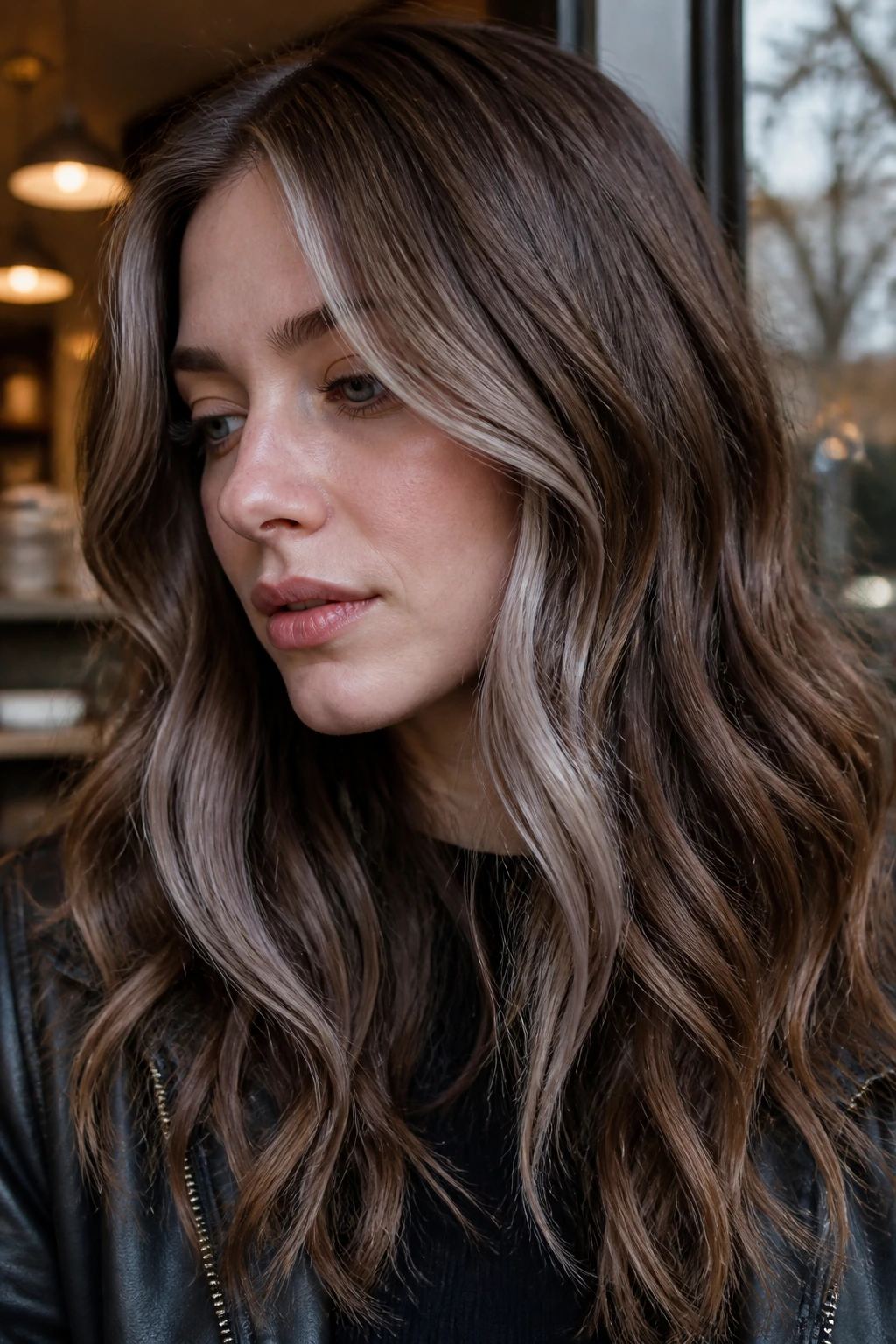 Portrait of a real person with cocoa hair and frosted strands