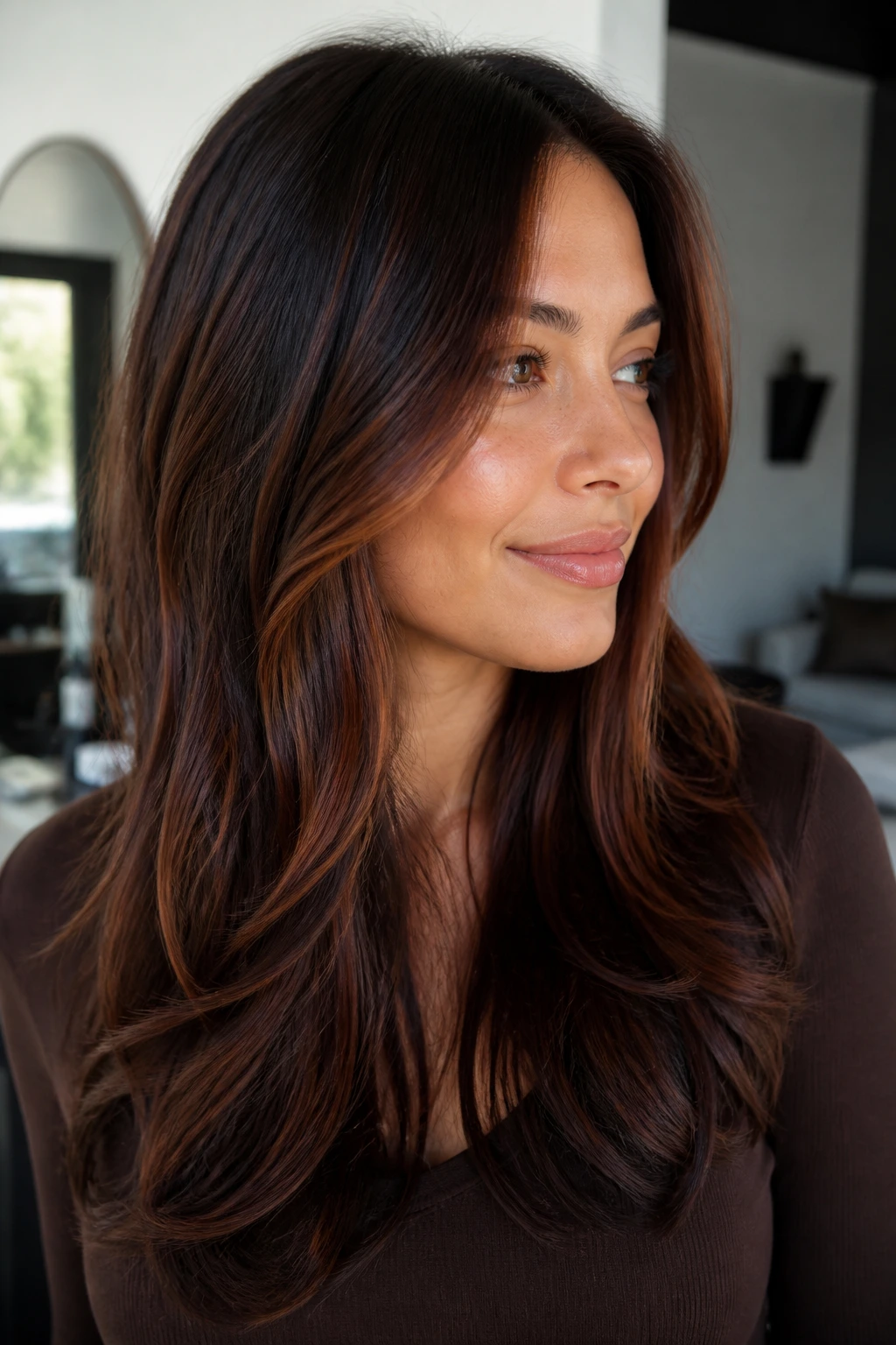 Brunette hair with cocoa glaze highlights catching light.