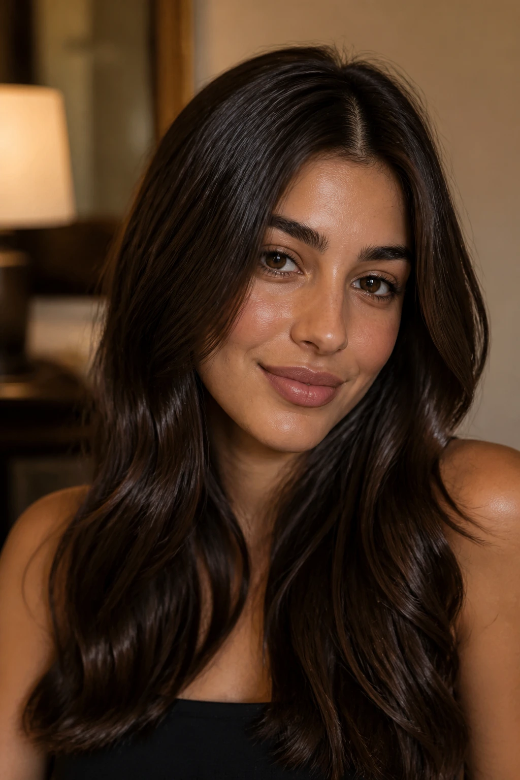 Close-up of a woman with Cocoa Gloss hair and luminous gloss