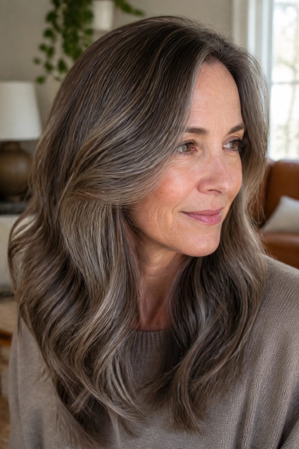 Close-up of a woman with cocoa gray blend and textured hair