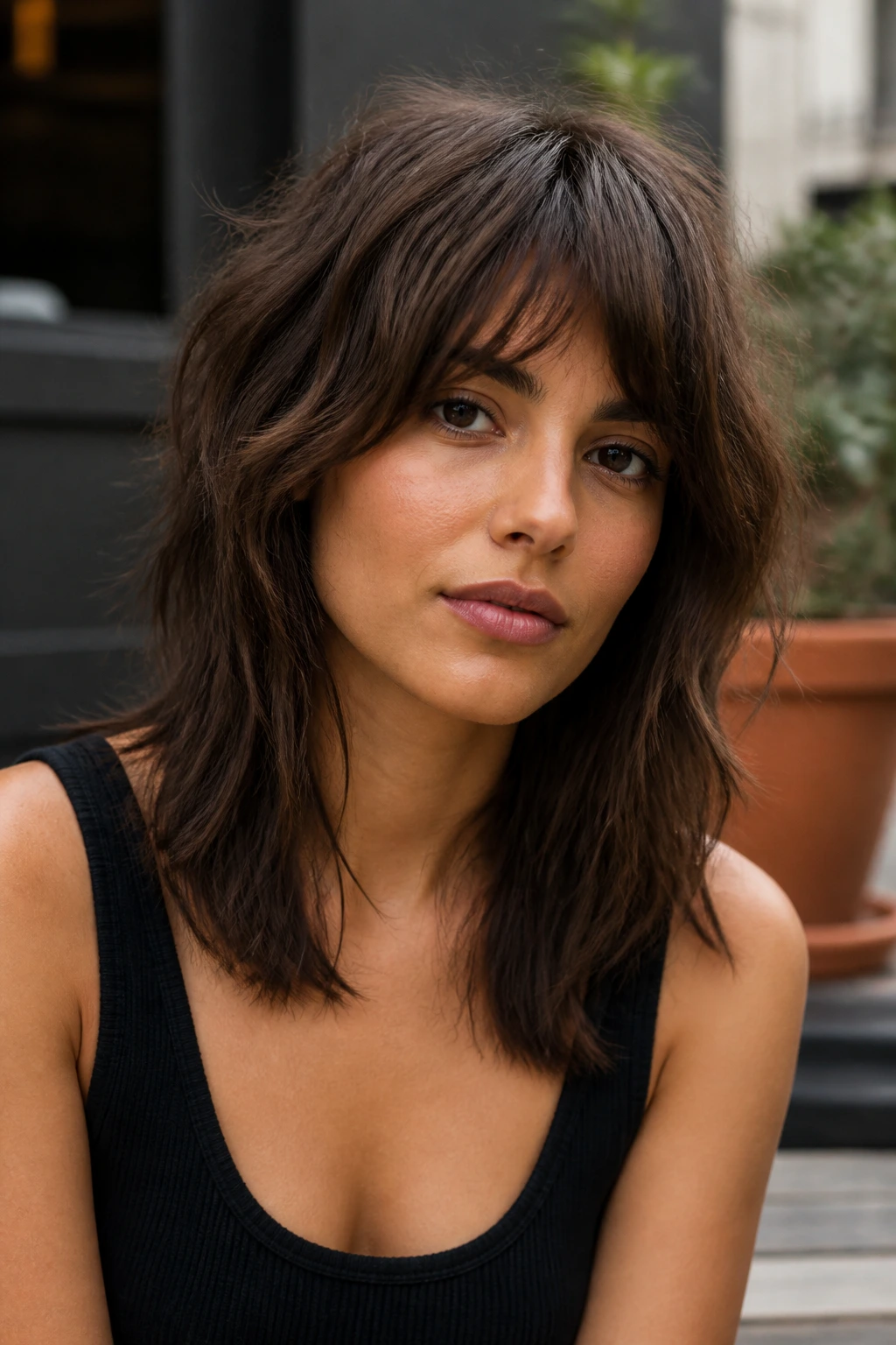 Portrait of a woman with cocoa layered shag and olive skin.