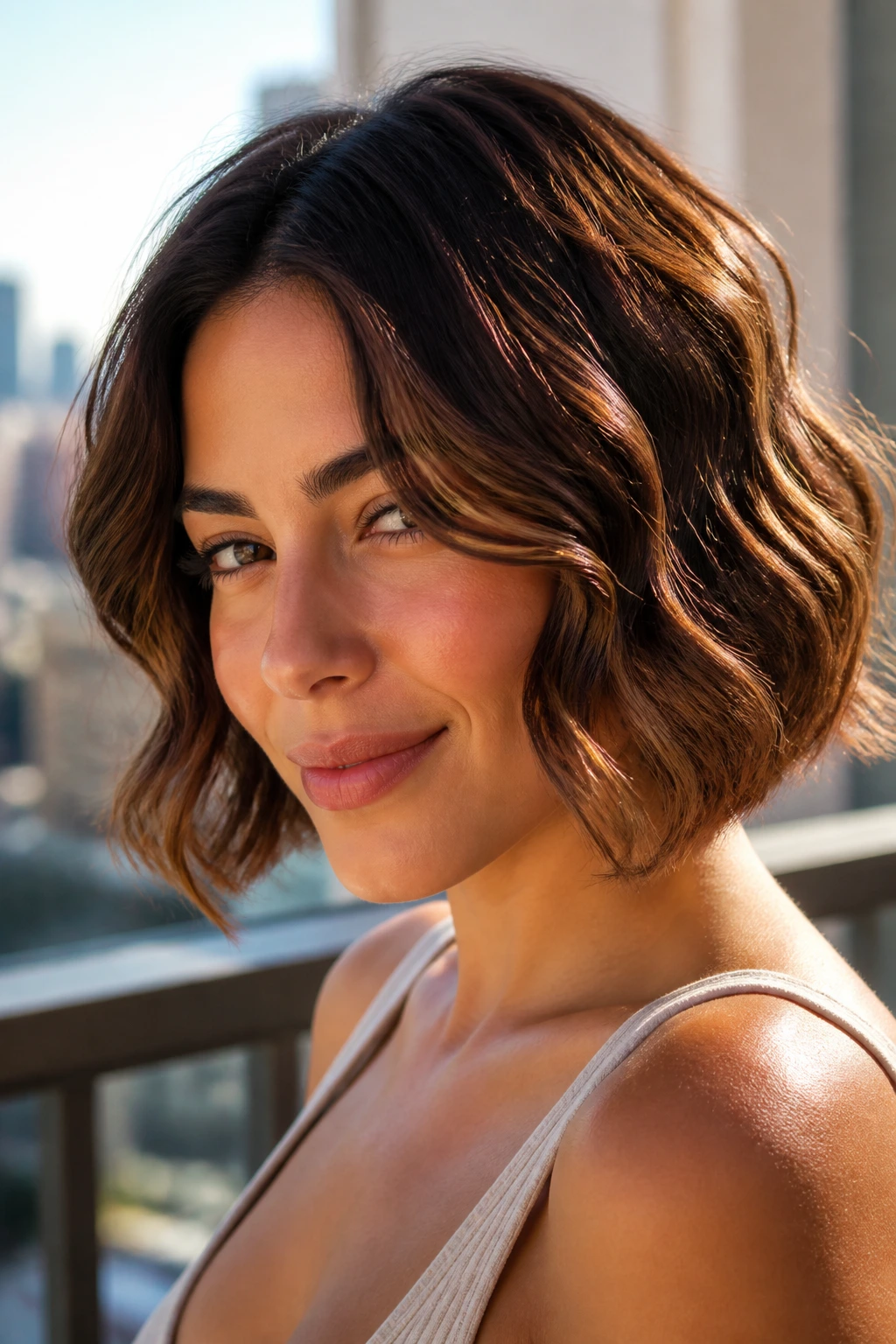 Real woman with cocoa hazelnut wavy short hair on sunlit balcony