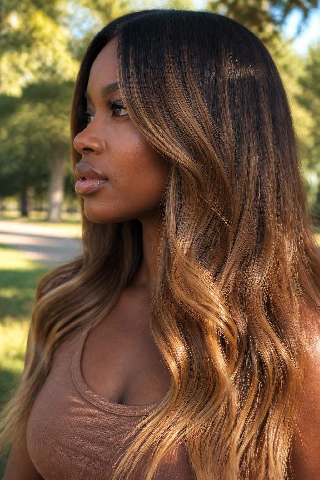 Hair gradient from cocoa roots to honey ends on deep skin model