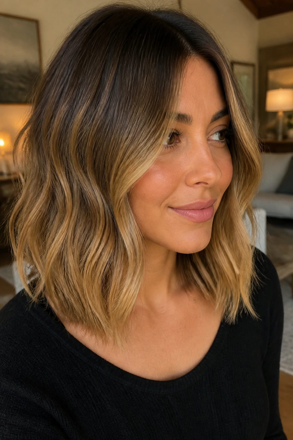 Close-up of a real woman with cocoa-to-honey melt hair on a lob