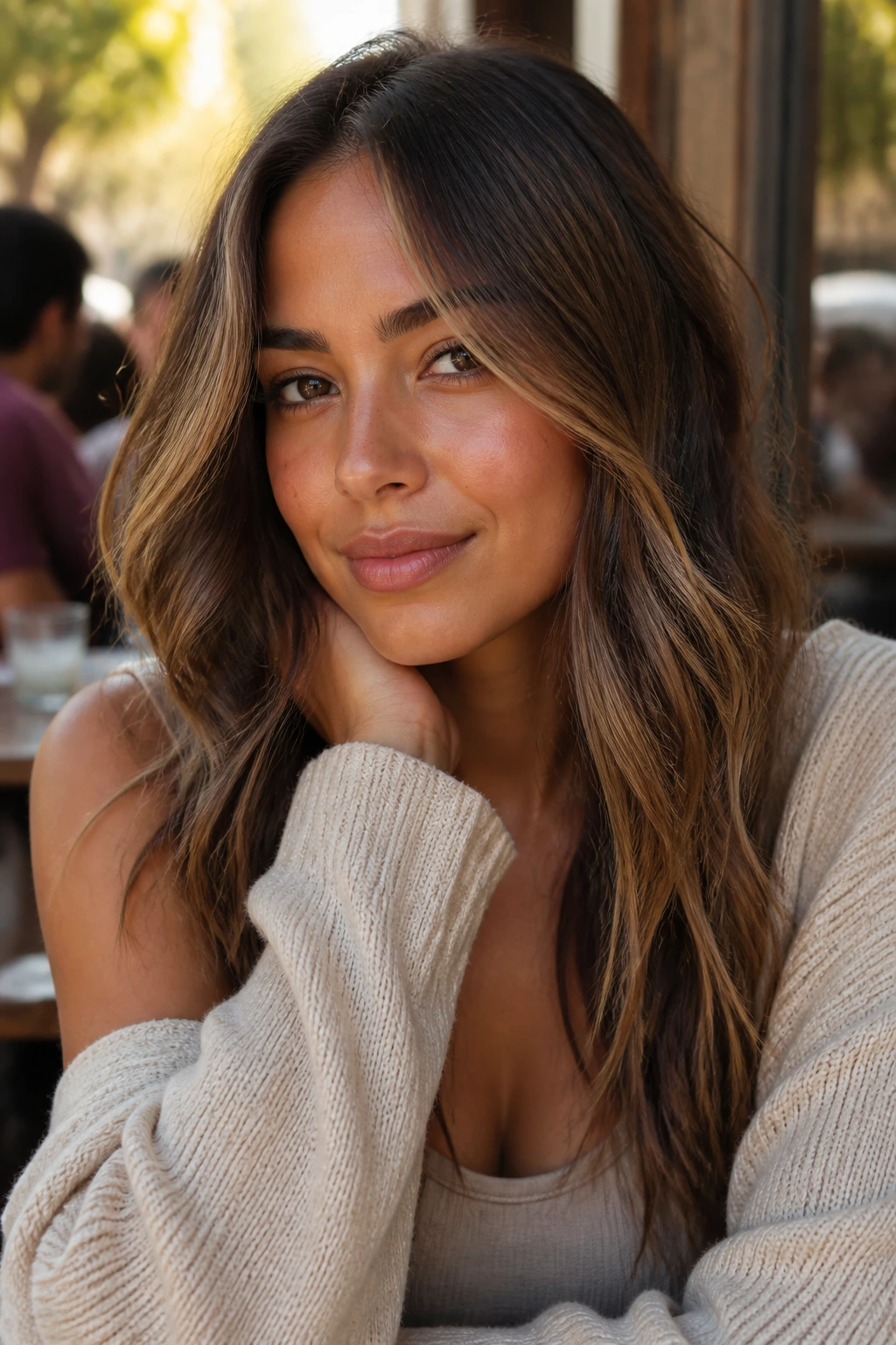 Close-up portrait of a woman with cocoa-infused bronde hair on tan skin in warm daylight