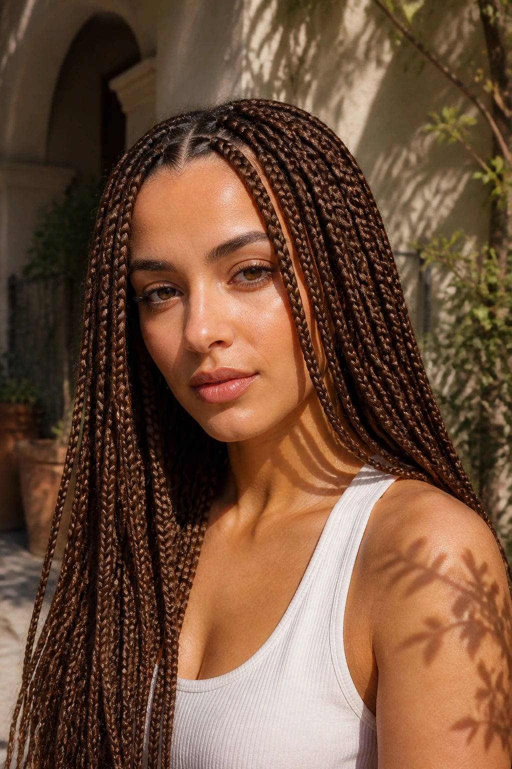 Real woman with cocoa knotless braids framing face