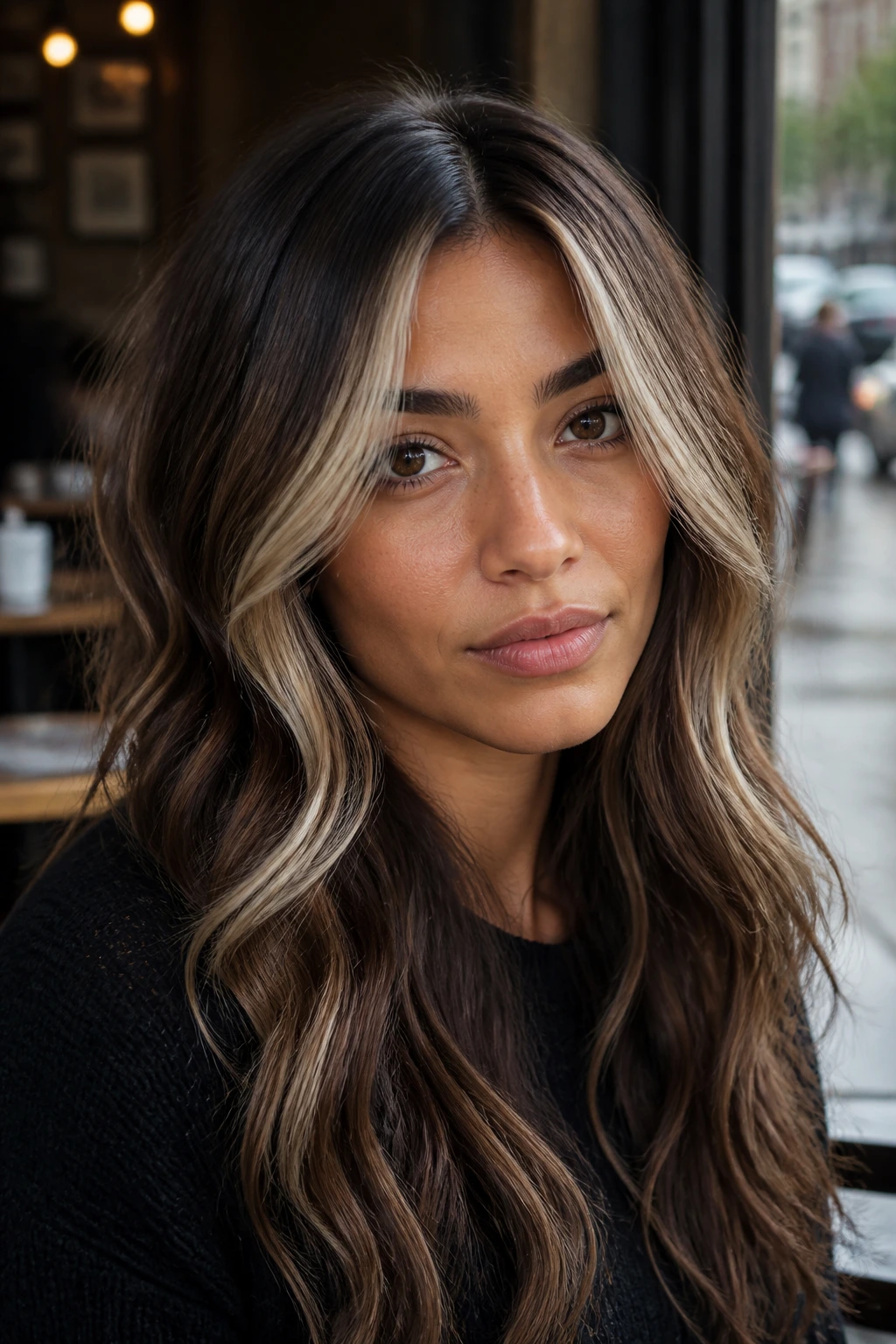 Close-up portrait of a real woman with Cocoa Lengths and Vanilla Face Frames on hair