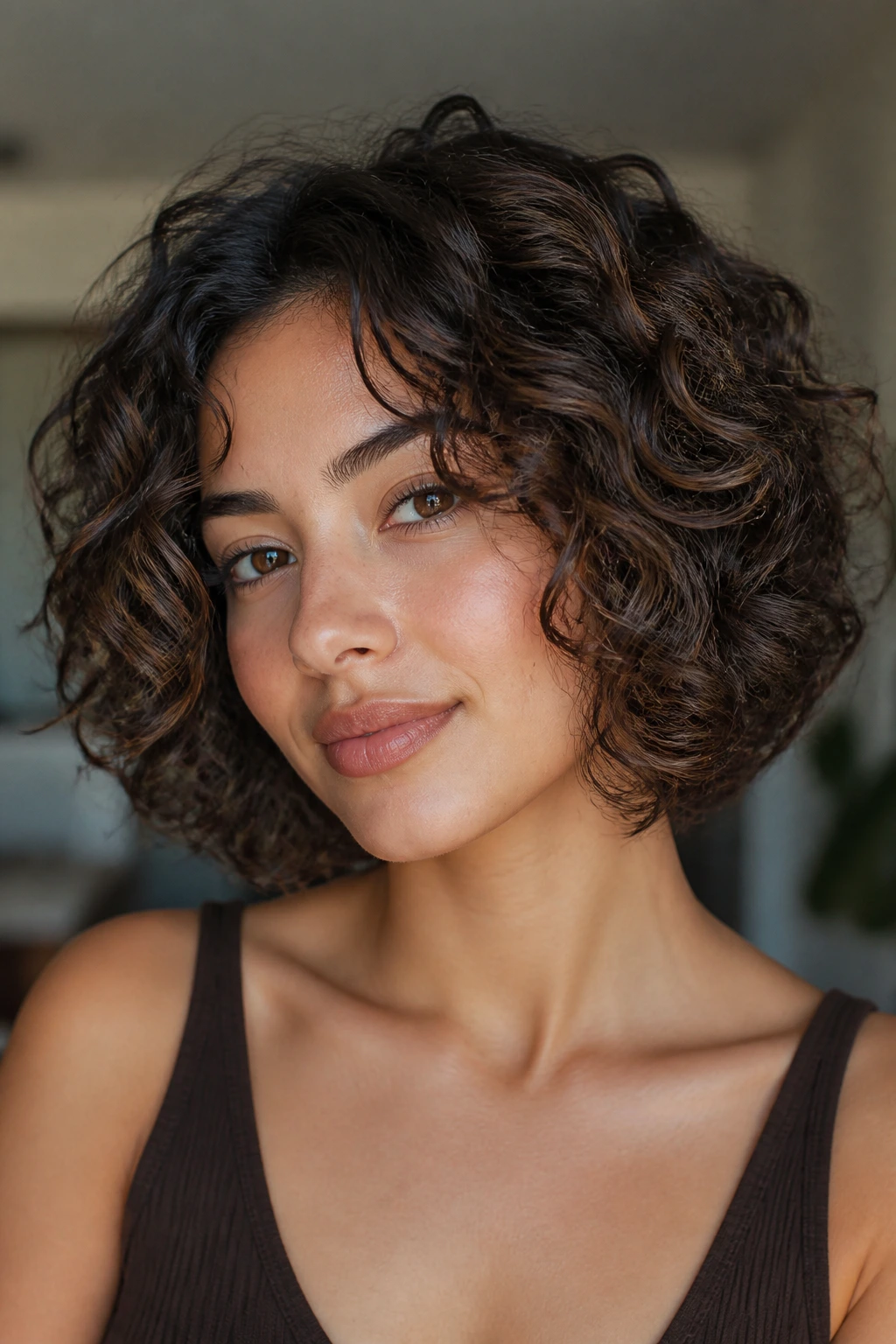 Close-up of a woman with cocoa lowlights in a curly bob.