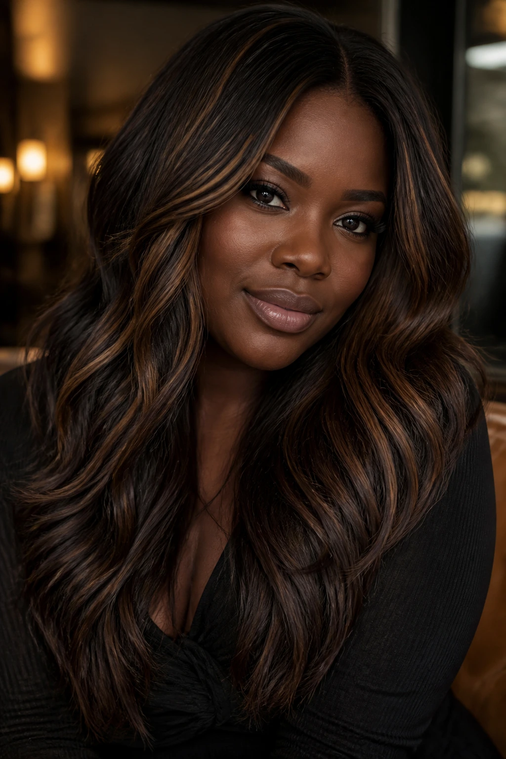 Portrait of brunette hair with cocoa lowlights and lights creating depth