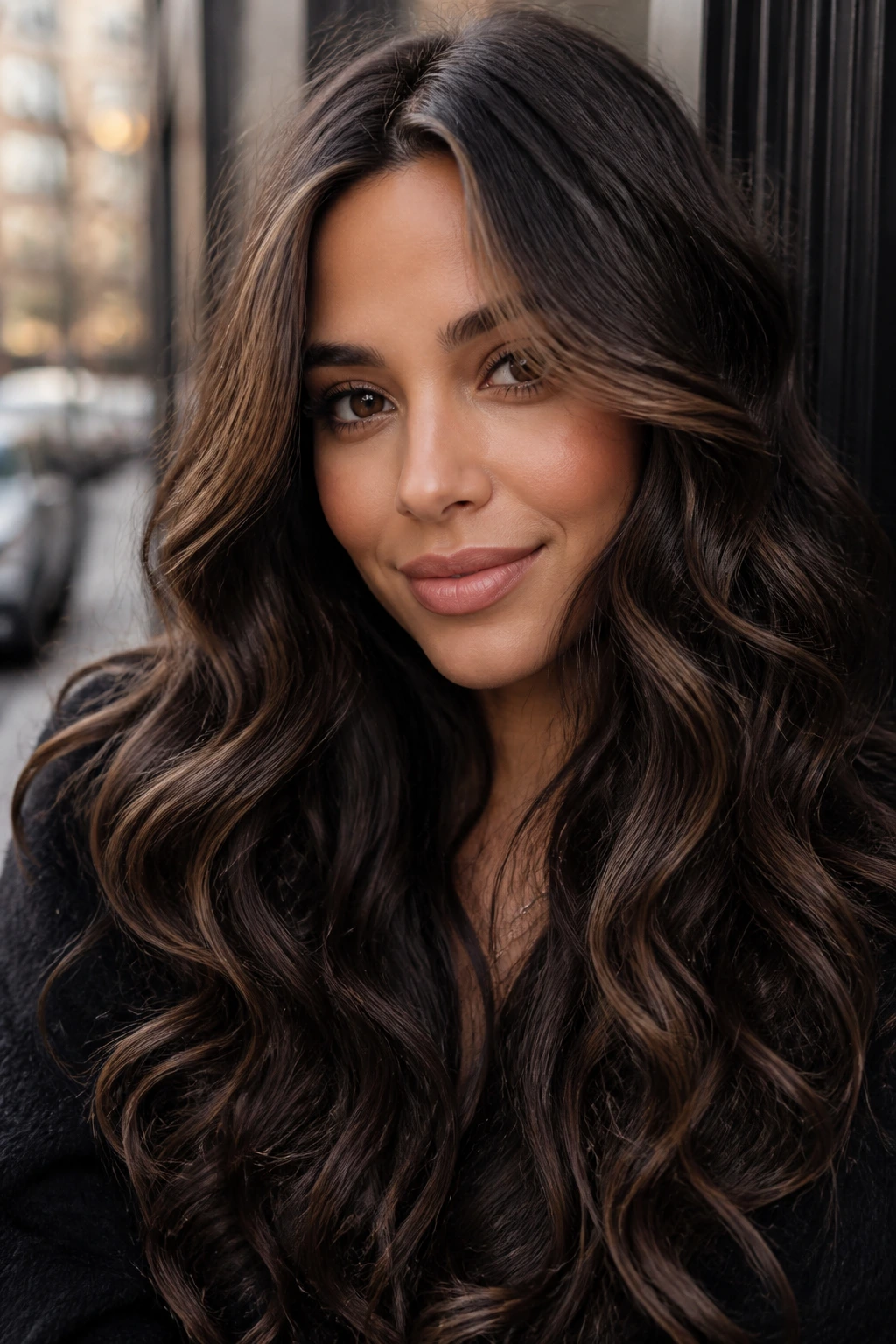 Close-up portrait of a real woman with cocoa money piece around the face in brunette hair under soft window light