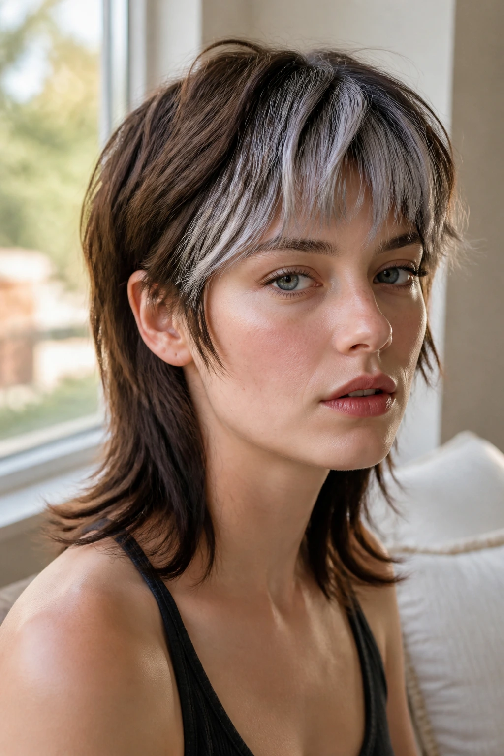 Close-up portrait of a real person with cocoa mullet and grey fringe under natural window light