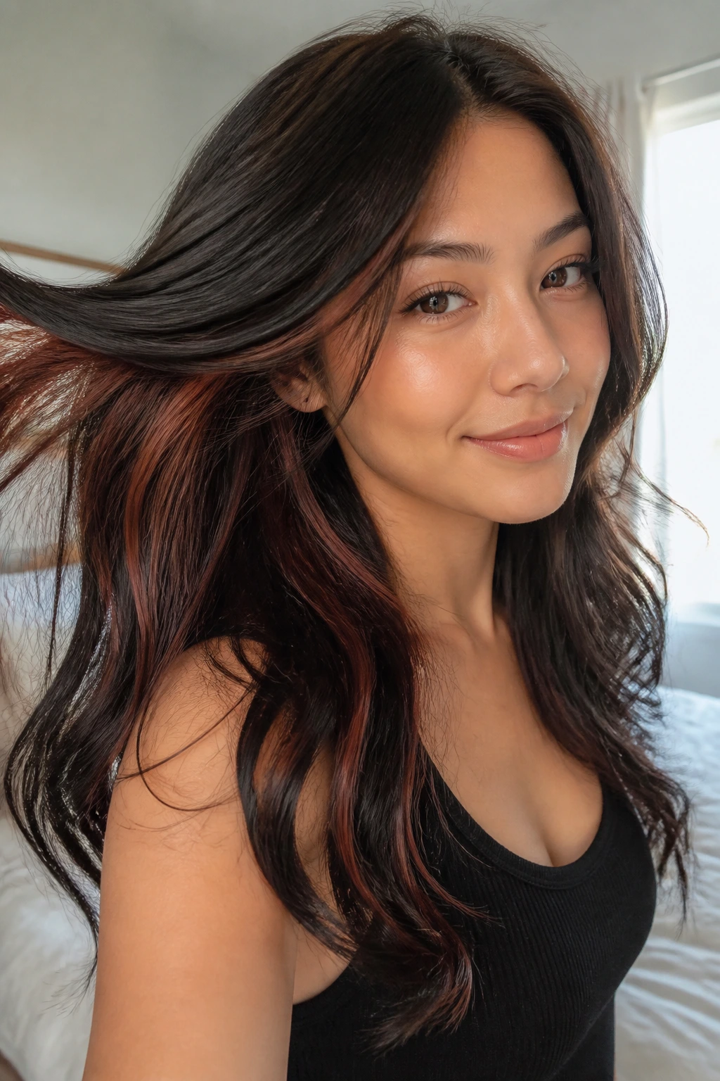 Portrait of brunette hair showing hidden cocoa-red peekaboo lights under the top layer