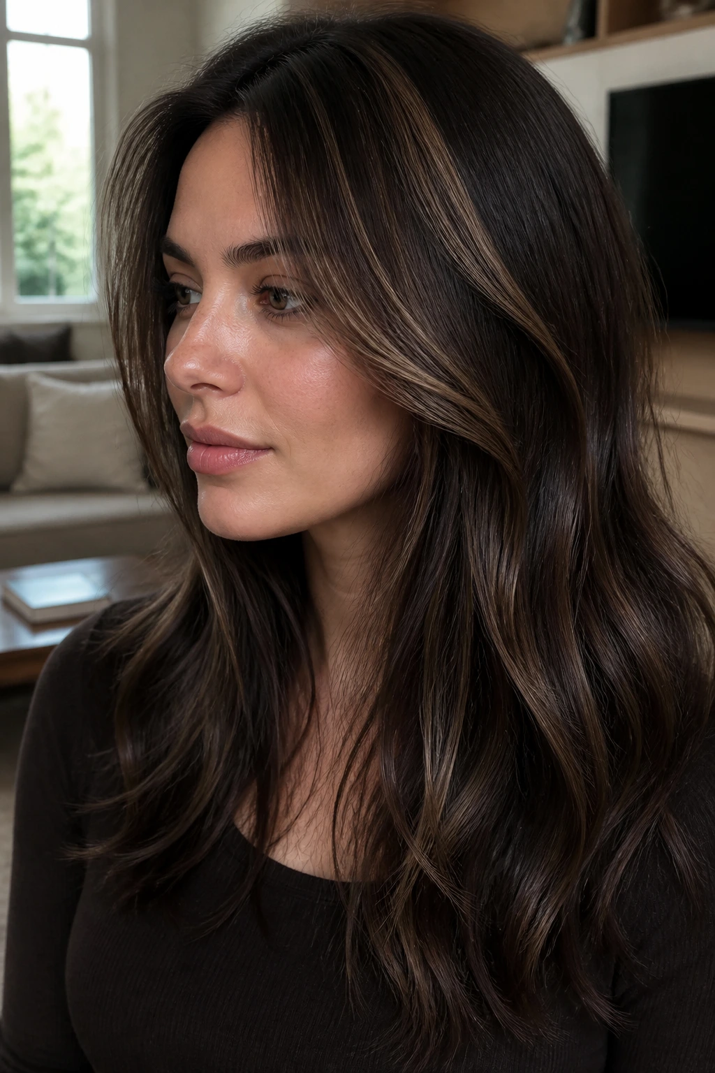 Real woman with cocoa ribbon highlights and cool gloss in dark hair