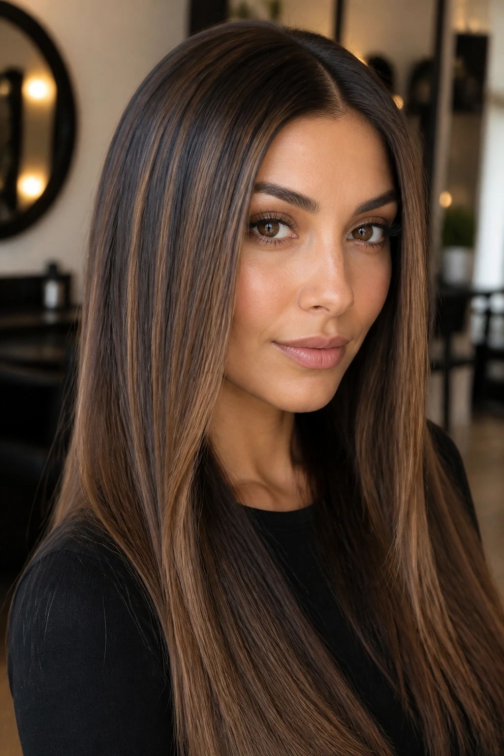 Portrait of a real person with cocoa ribbon lights on straight hair and olive skin