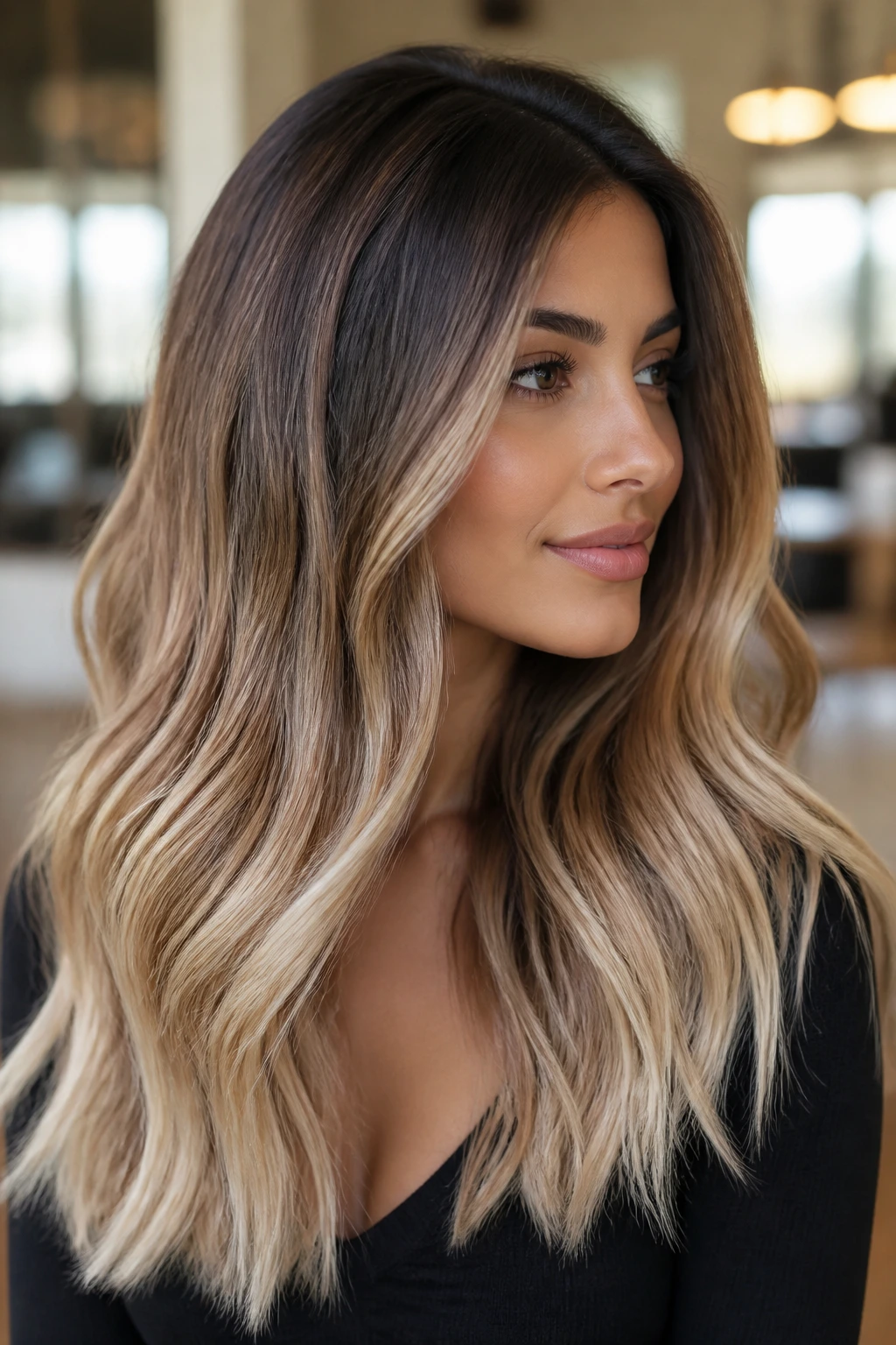 Real woman with cocoa-root melt hair fading to vanilla tips under warm indoor light