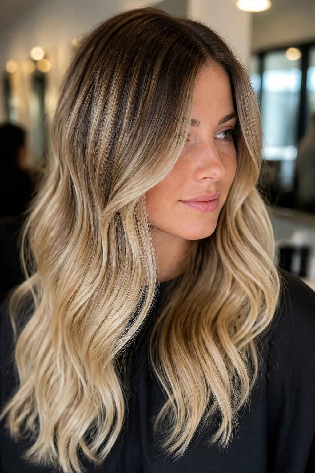 Close-up portrait of a real woman with cocoa-rooted blonde hair showing dark roots and bright babylights.
