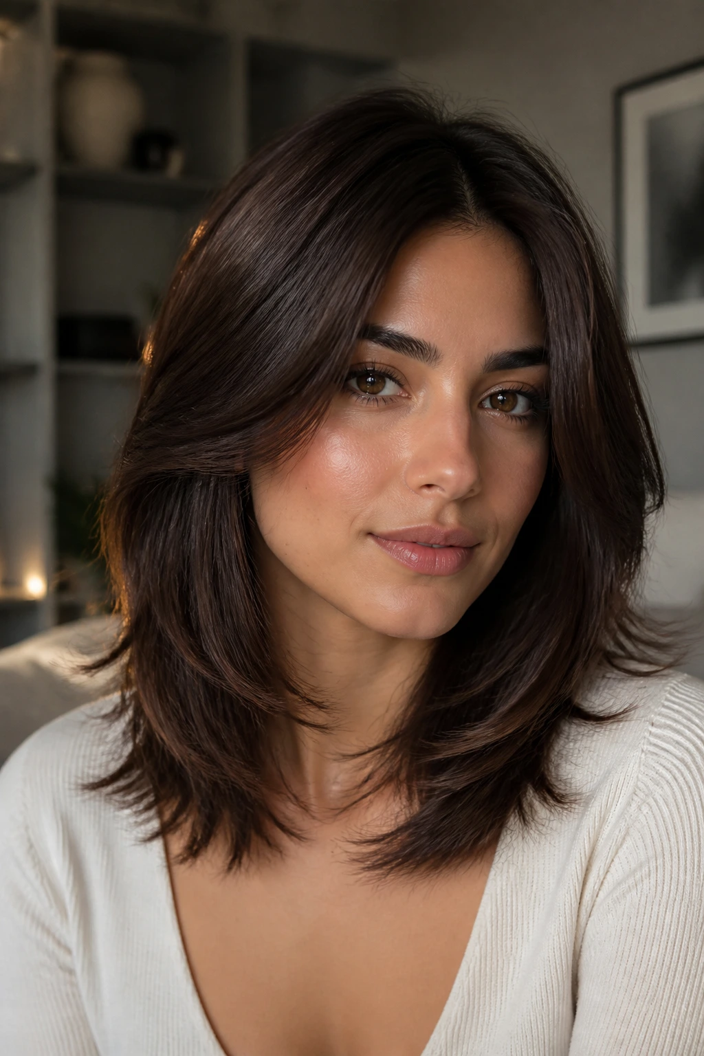Close-up of a real woman with cocoa-shine tapered layers in mid-length brunette