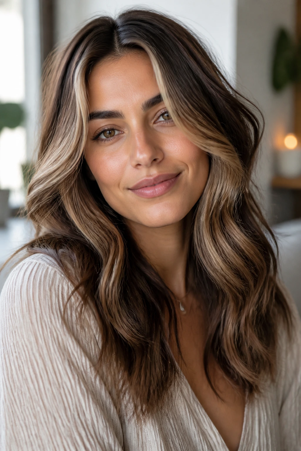 Close-up of a real woman with cocoa swirl and buttercream around the face in warm light