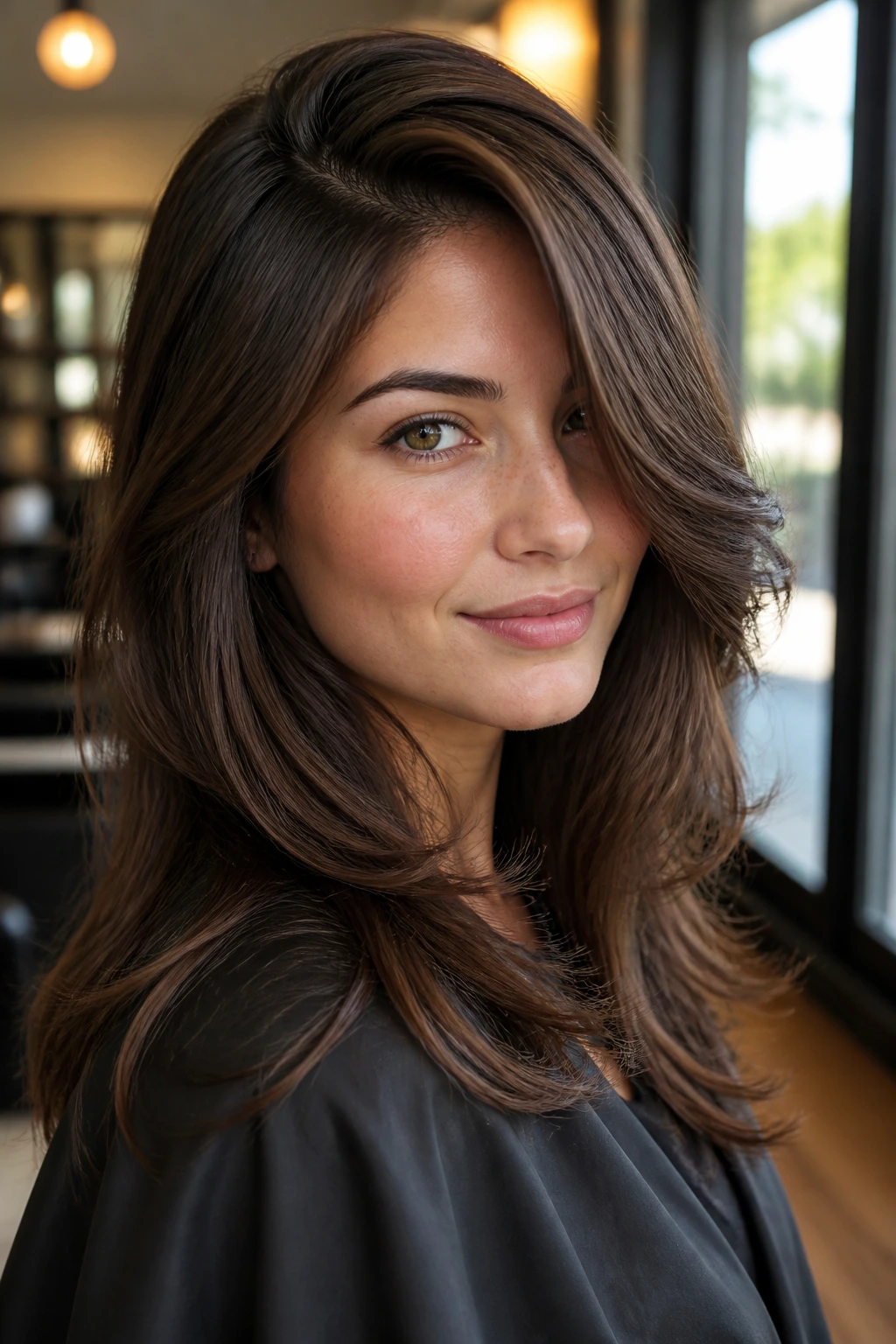 Close-up portrait of a woman with cocoa swoop layers and a side part.