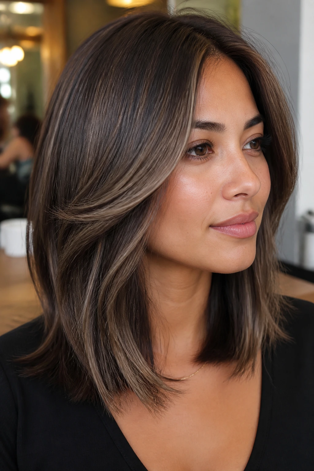 Close-up of a real woman with cocoa and taupe dimension in shoulder-skimming hair under soft light