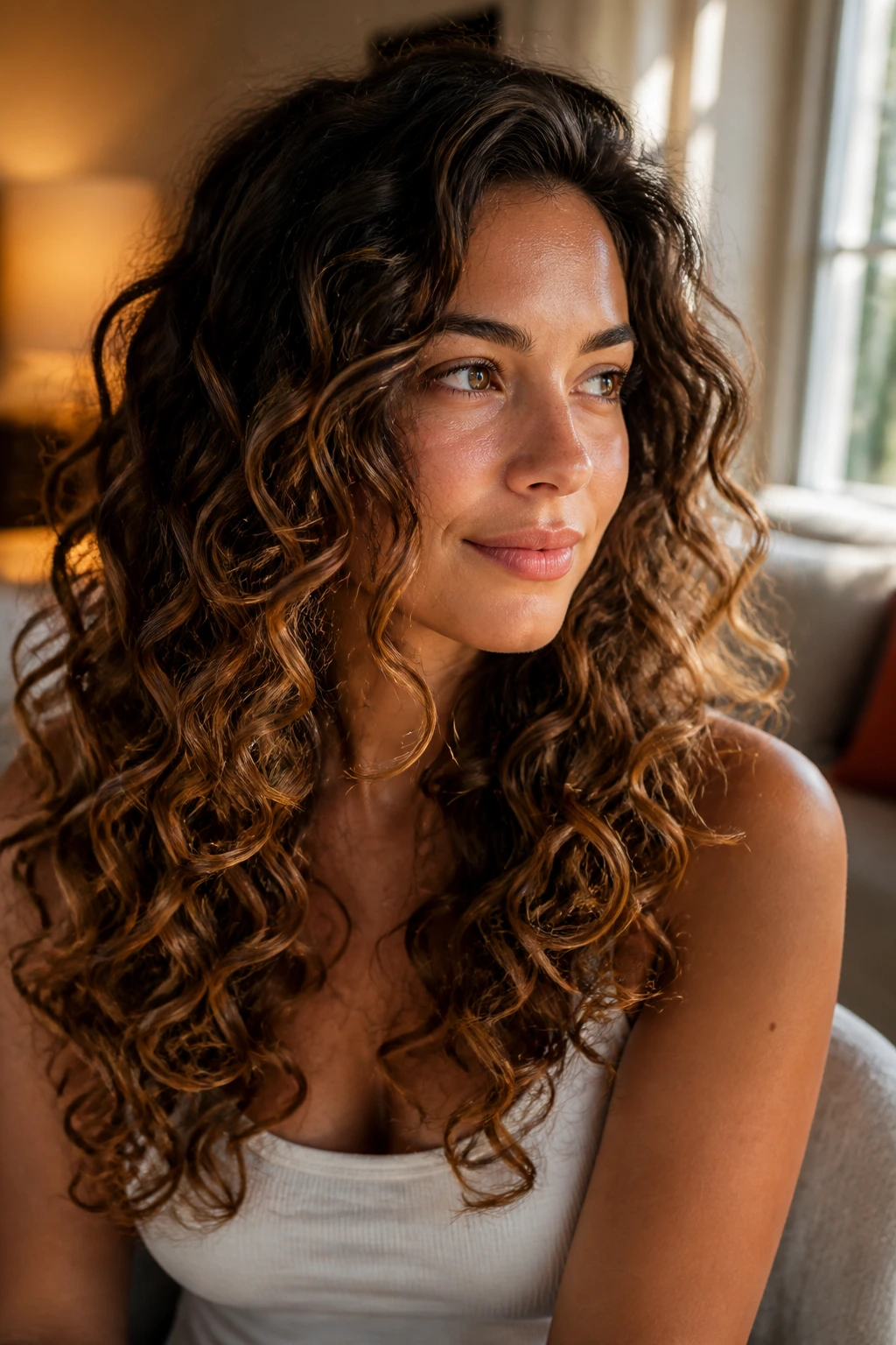 Cocoa toffee fade on ringlets shown on a real person.