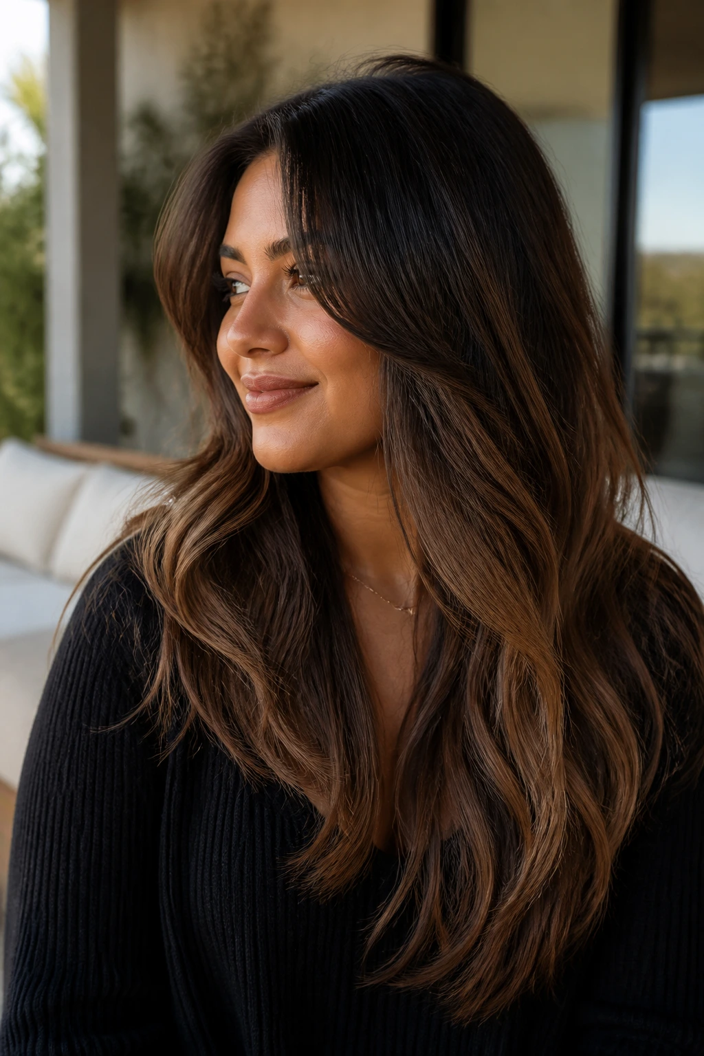 Close-up portrait of a real woman with cocoa-rooted hair fading to toffee ends in natural light