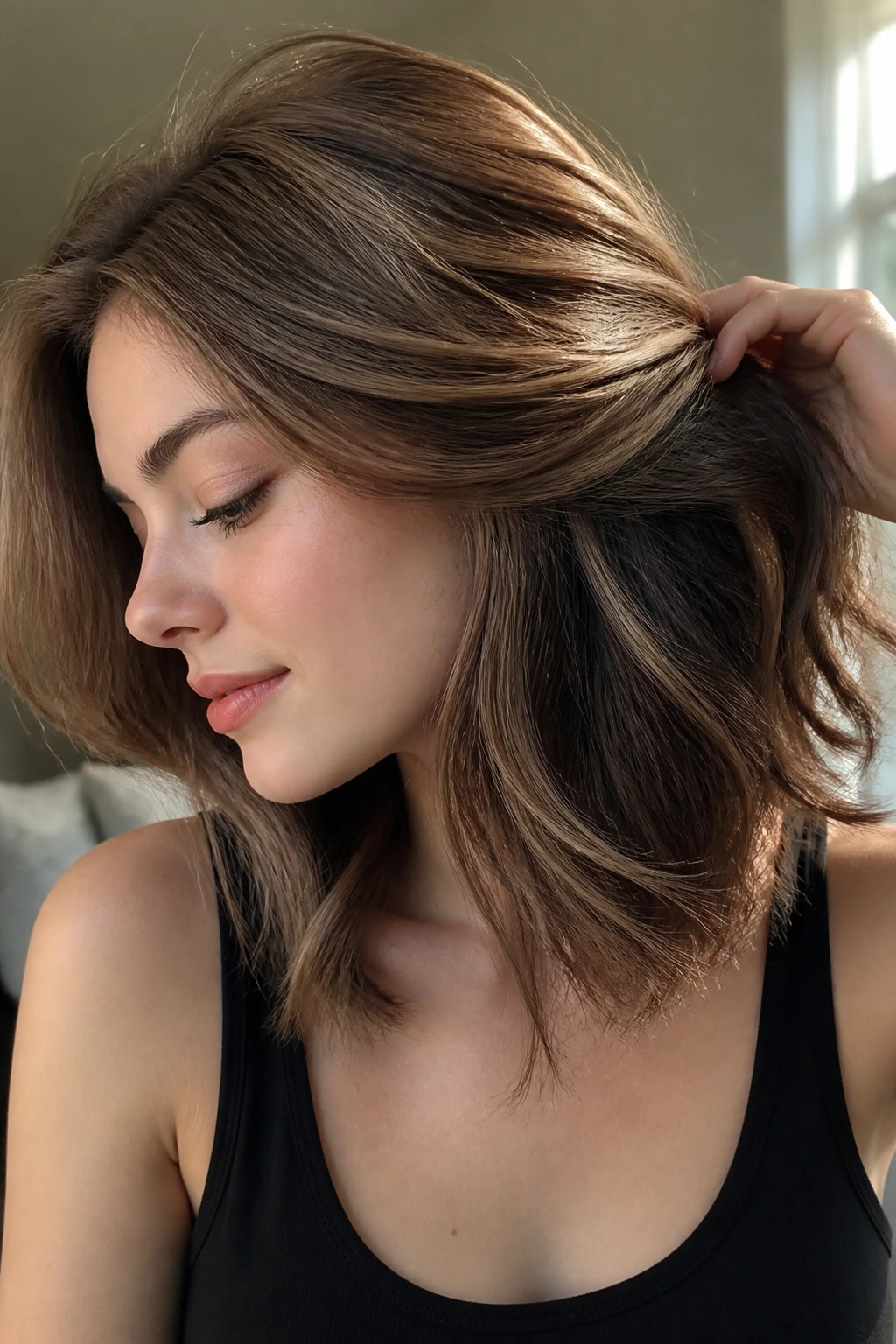 Close-up of hair showing cocoa underlayer shadows with a bright top layer