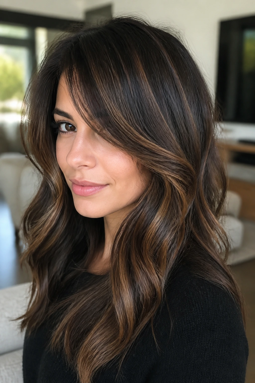 Close-up of a real woman with cocoa and walnut ribbons framing the face with a side-swept bang.