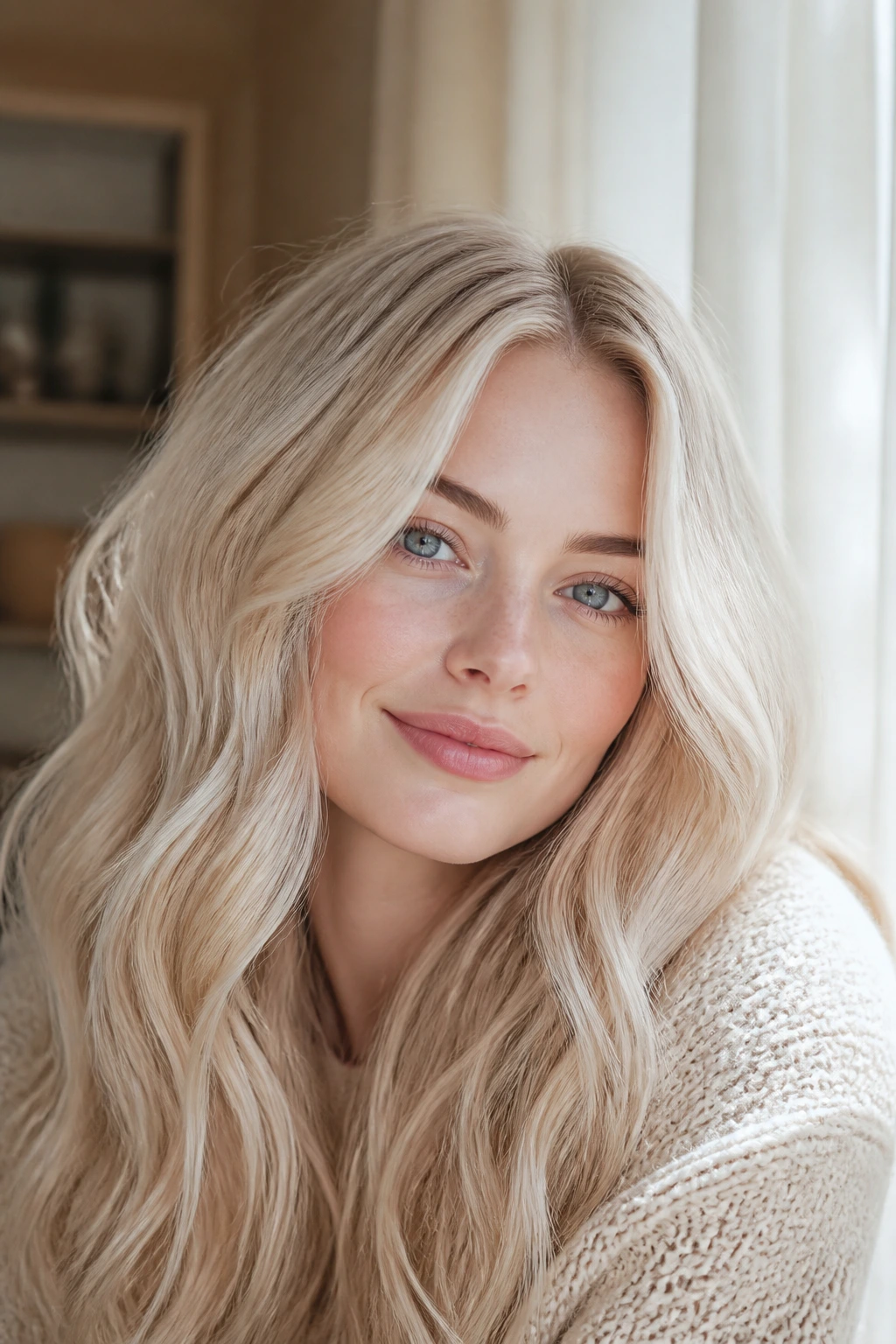 Close-up portrait of a real woman with coconut cream blonde and milky glow
