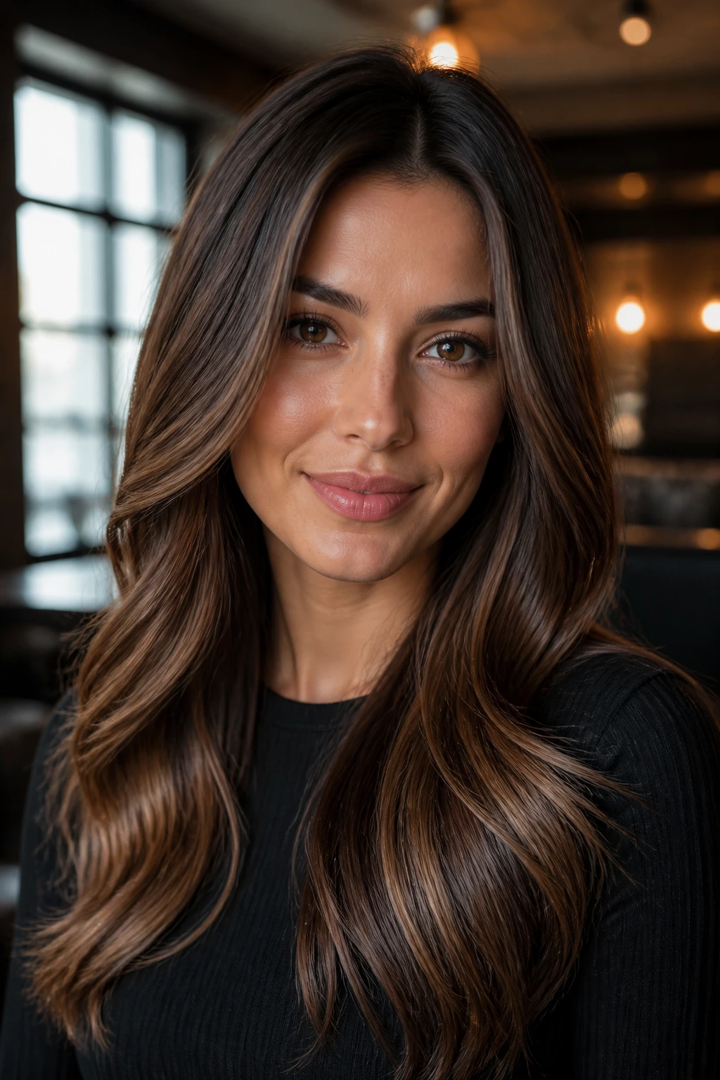 Close-up portrait of a real person with coffee-bean balayage and a glossy finish.